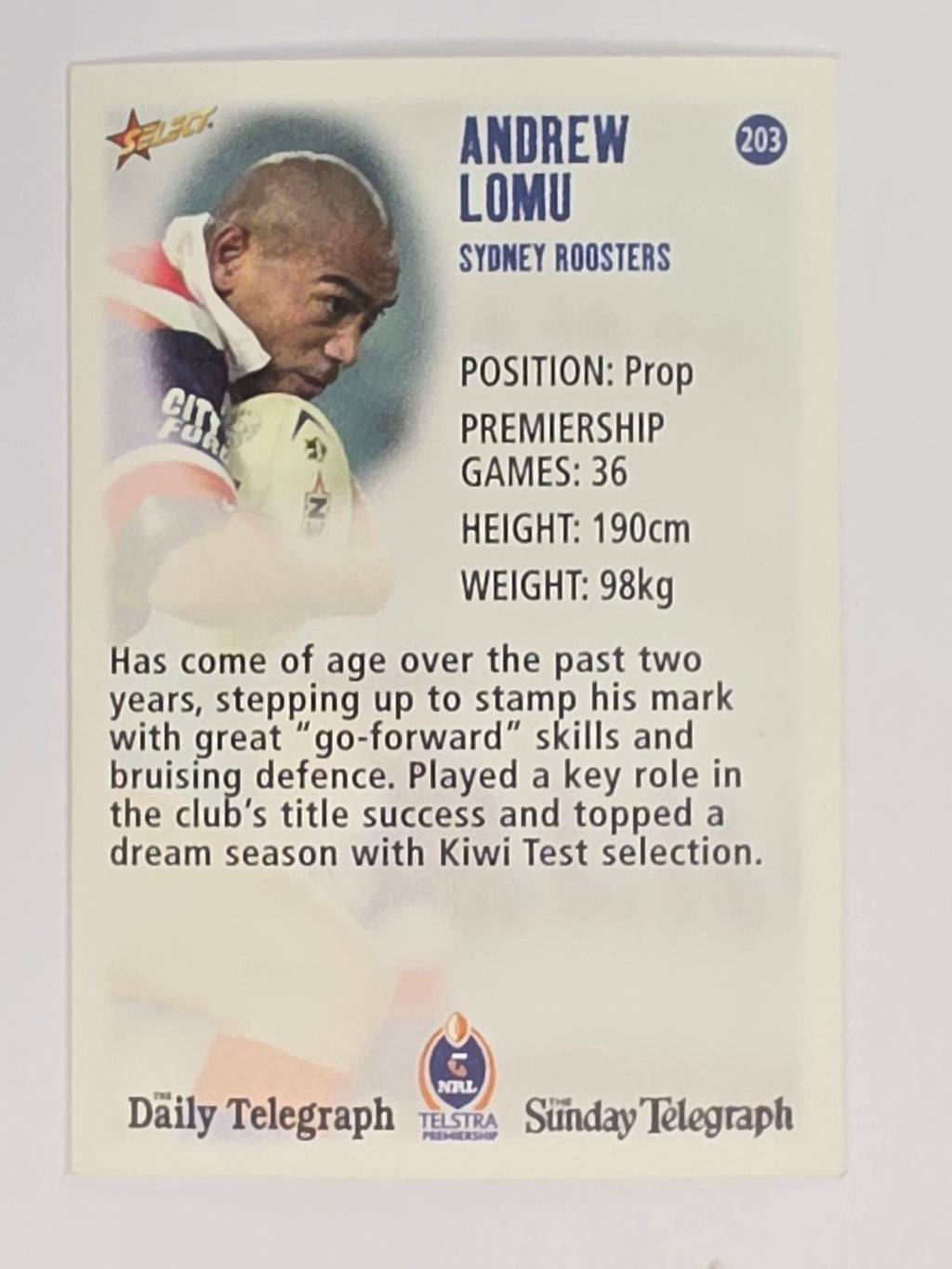 NRL 2003 Daily Telegraph | #203 | Andrew Lomu | Sydney Roosters