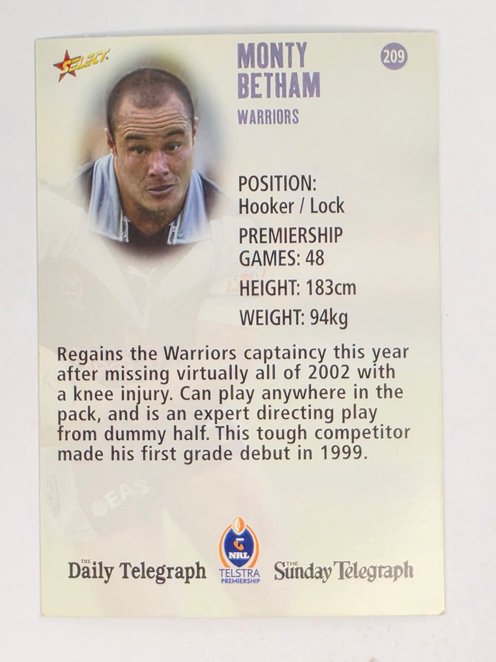 NRL 2003 Daily Telegraph | #209 | Monty Betham | New Zealand Warriors