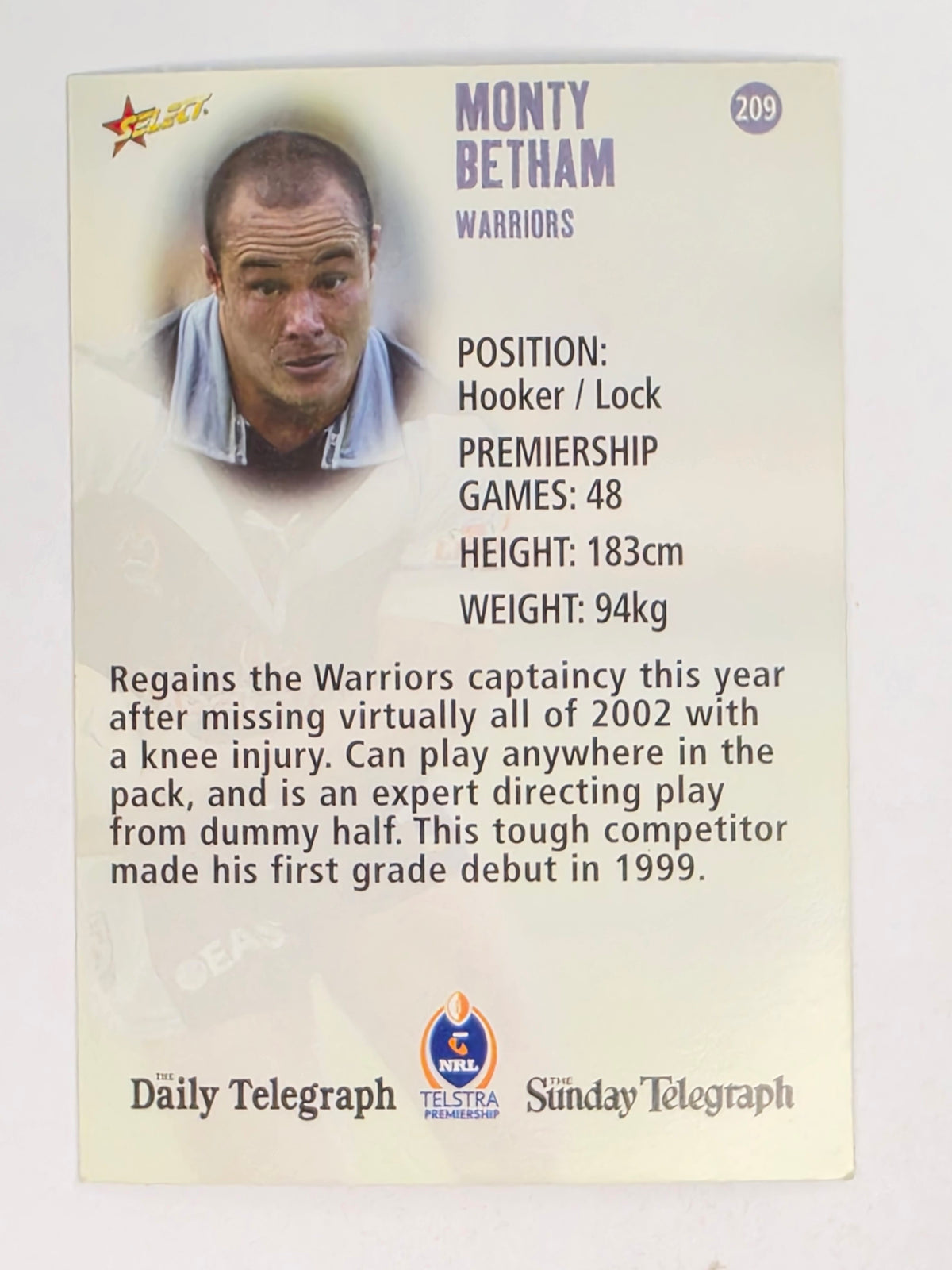 NRL 2003 Daily Telegraph | #209 | Monty Betham | New Zealand Warriors