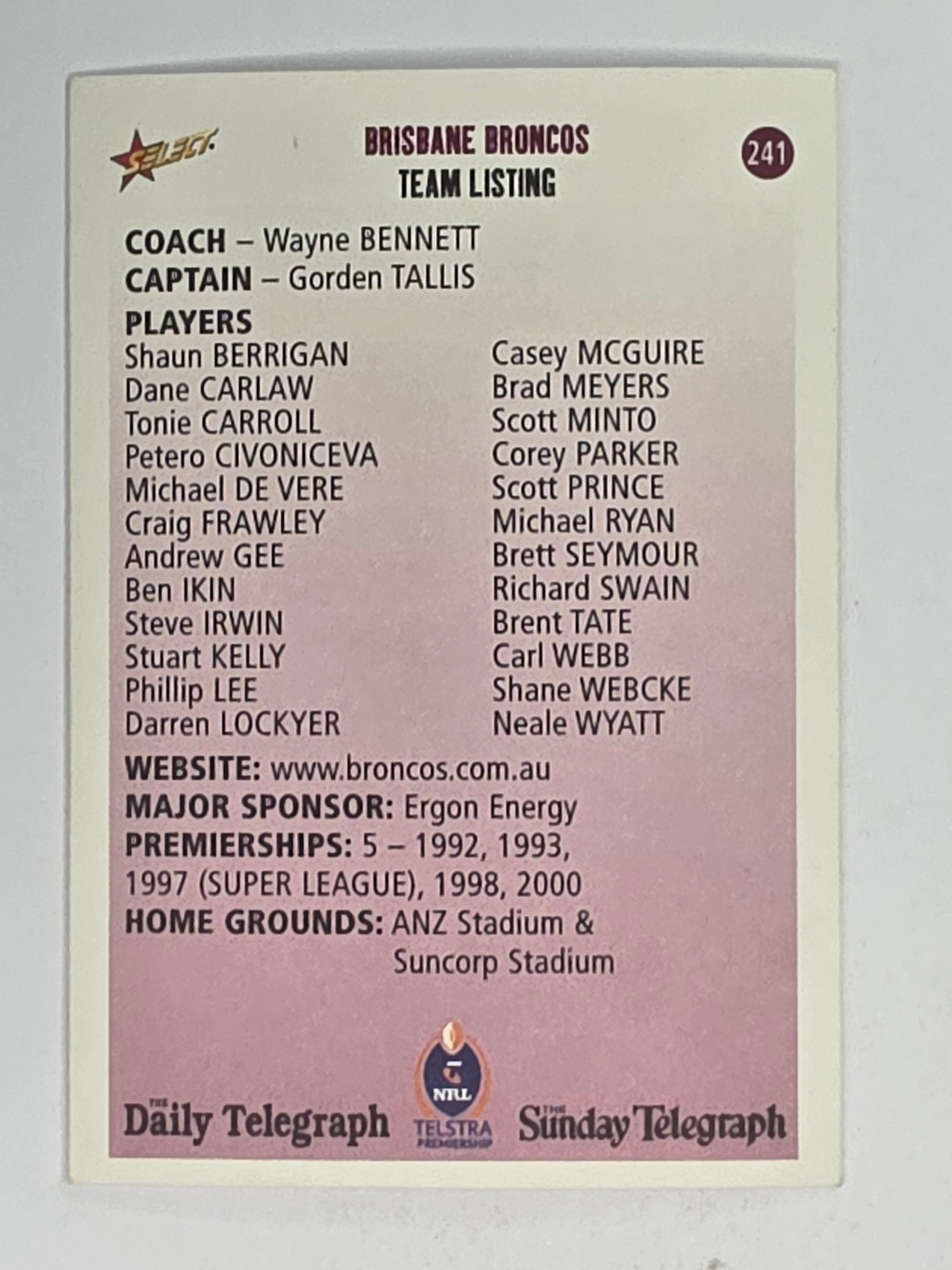 NRL 2003 Daily Telegraph | #241 | Club Card | Brisbane Broncos