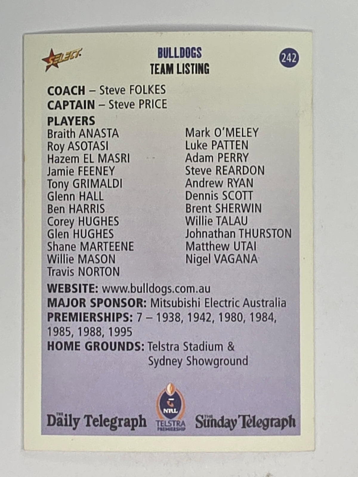 NRL 2003 Daily Telegraph | #242 | Club Card | Canterbury Bankstown Bulldogs