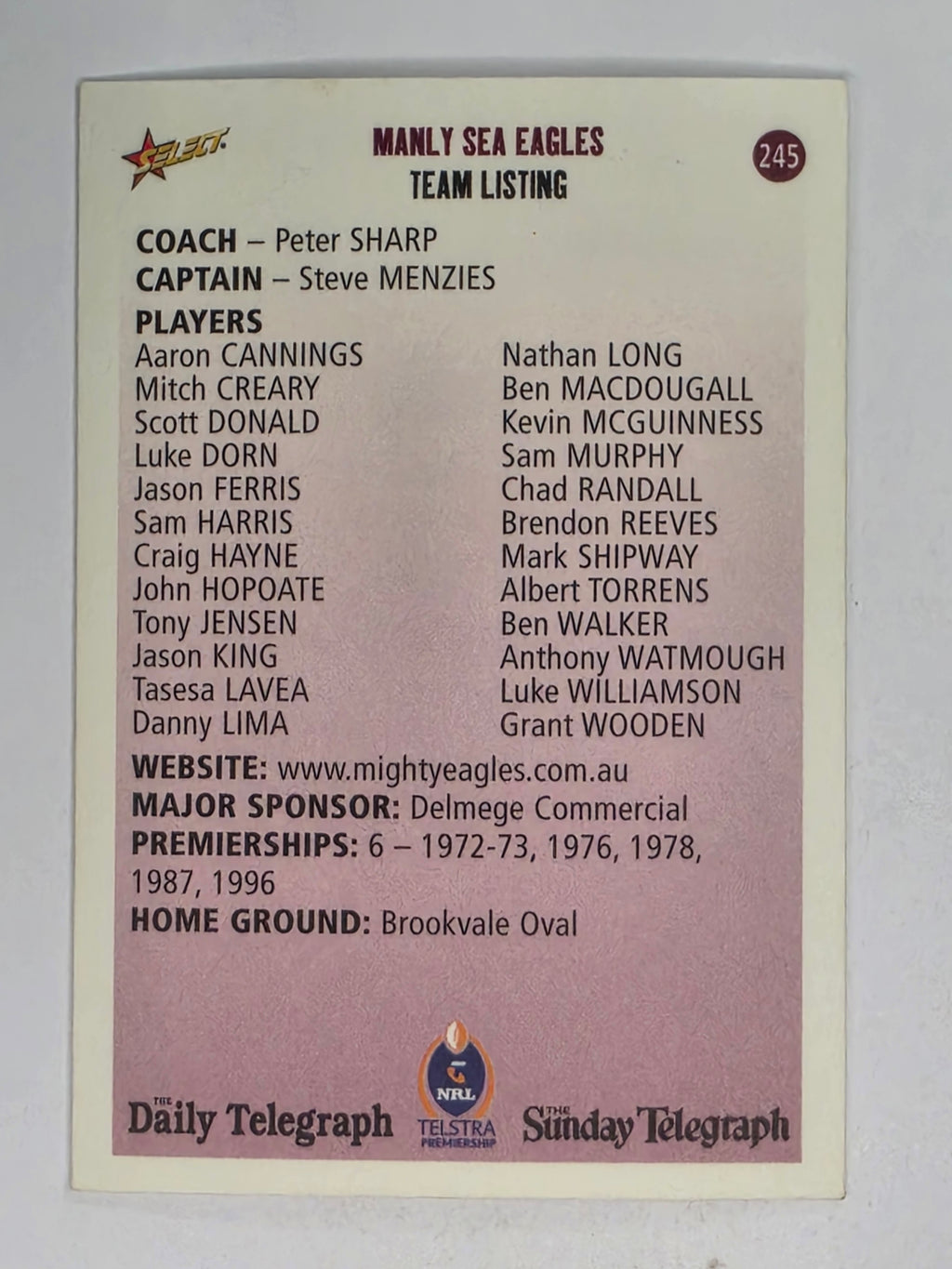 NRL 2003 Daily Telegraph | #245 | Club Card | Manly Warringah Sea Eagles