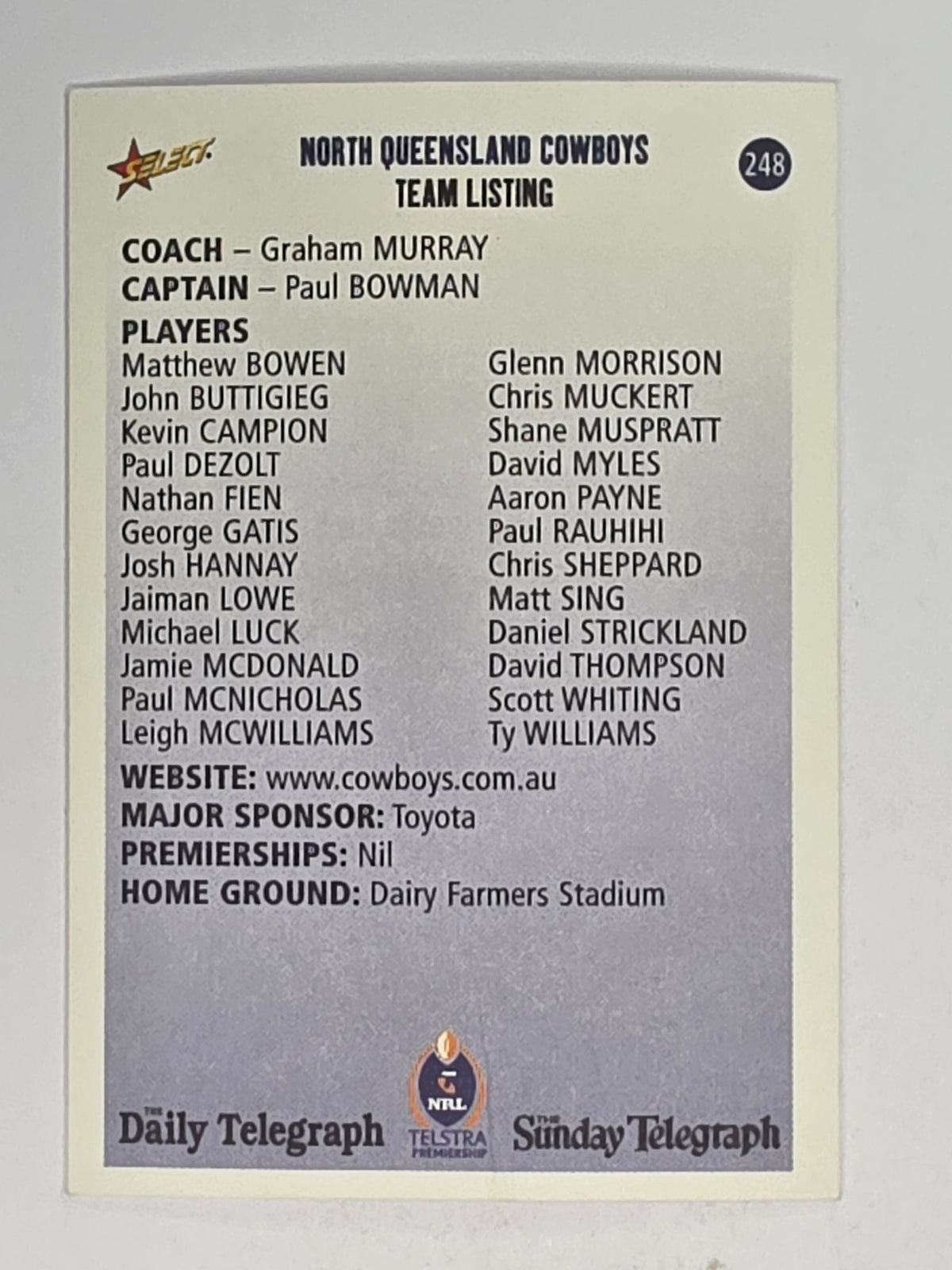 NRL 2003 Daily Telegraph | #248 | Club Card | North Queensland Cowboys