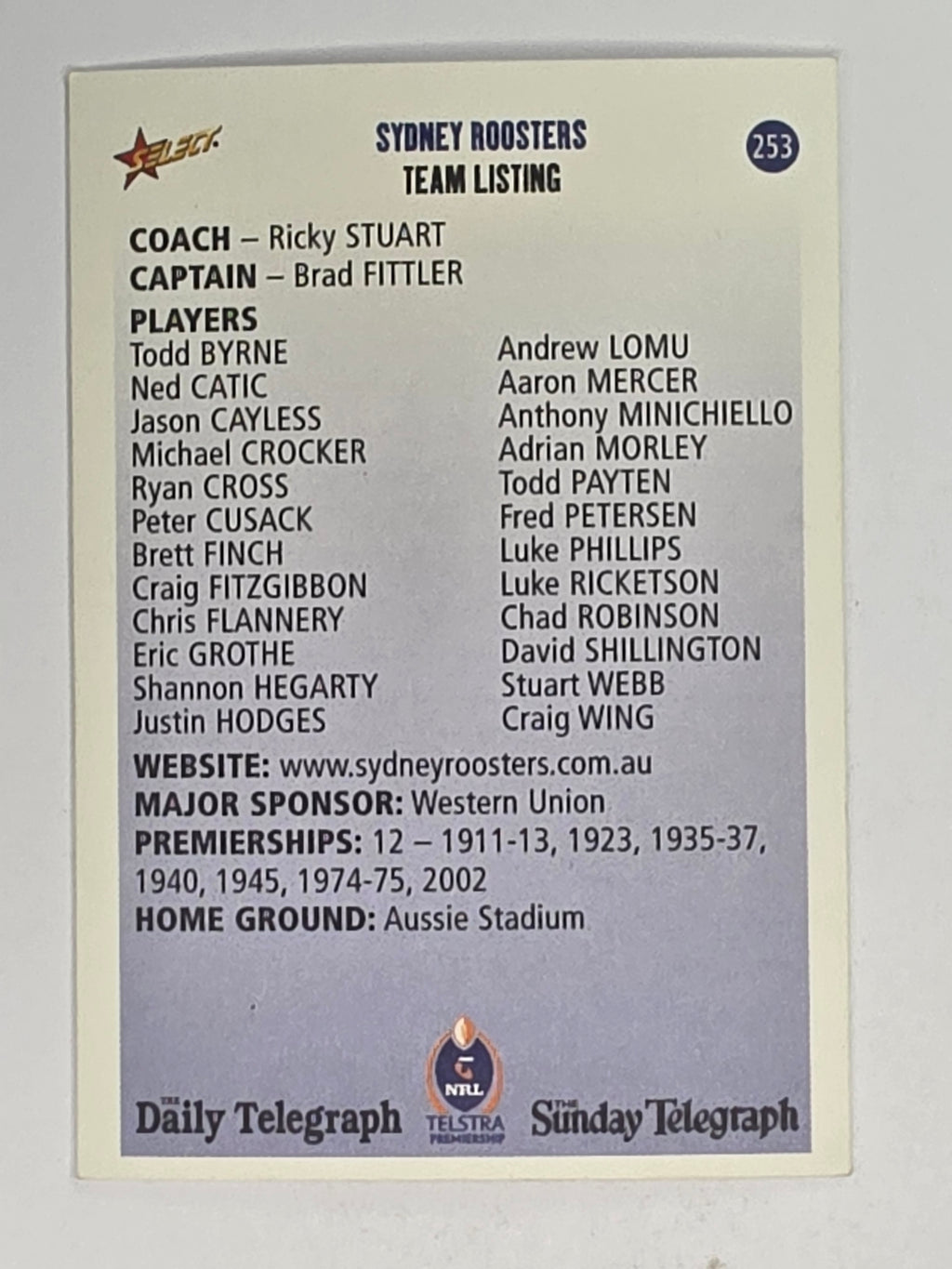 NRL 2003 Daily Telegraph | #253 | Club Card | Sydney Roosters