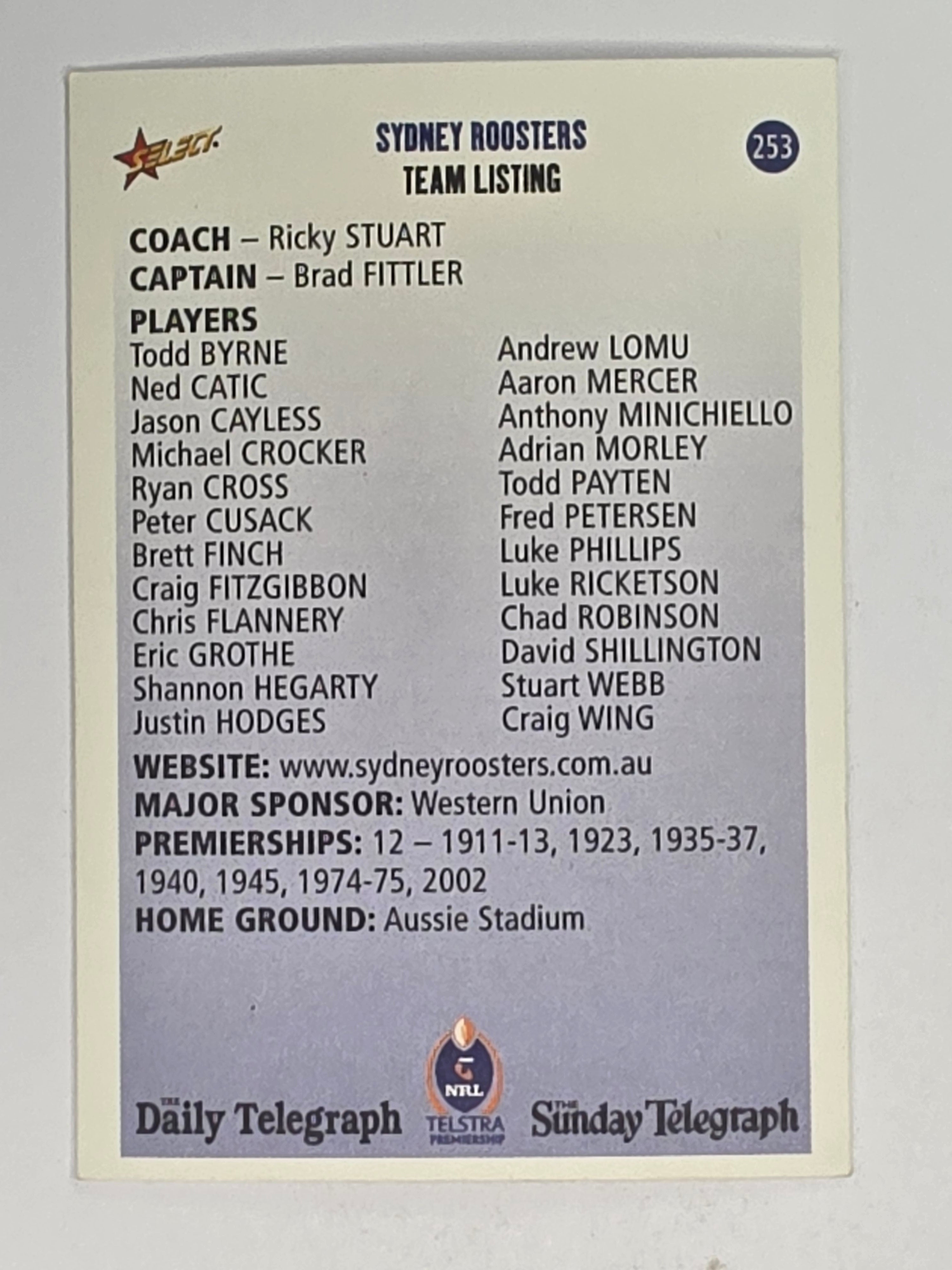 NRL 2003 Daily Telegraph | #253 | Club Card | Sydney Roosters