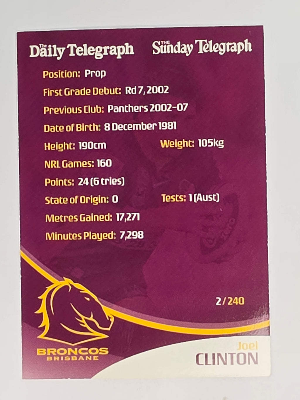 NRL 2009 Daily Telegraph | #002 | Joel Clinton | Brisbane Broncos