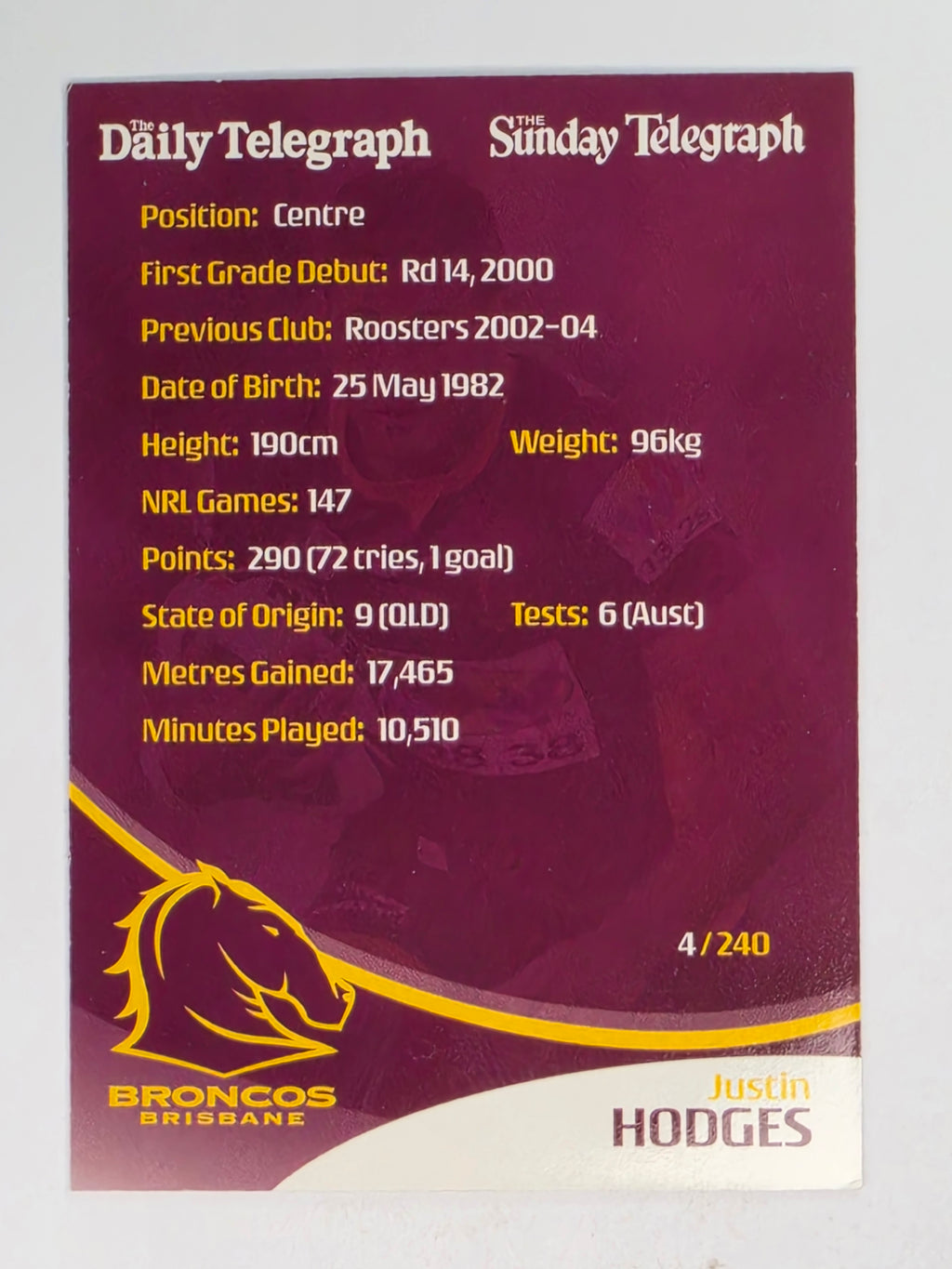 NRL 2009 Daily Telegraph | #004 | Justin Hodges | Brisbane Broncos
