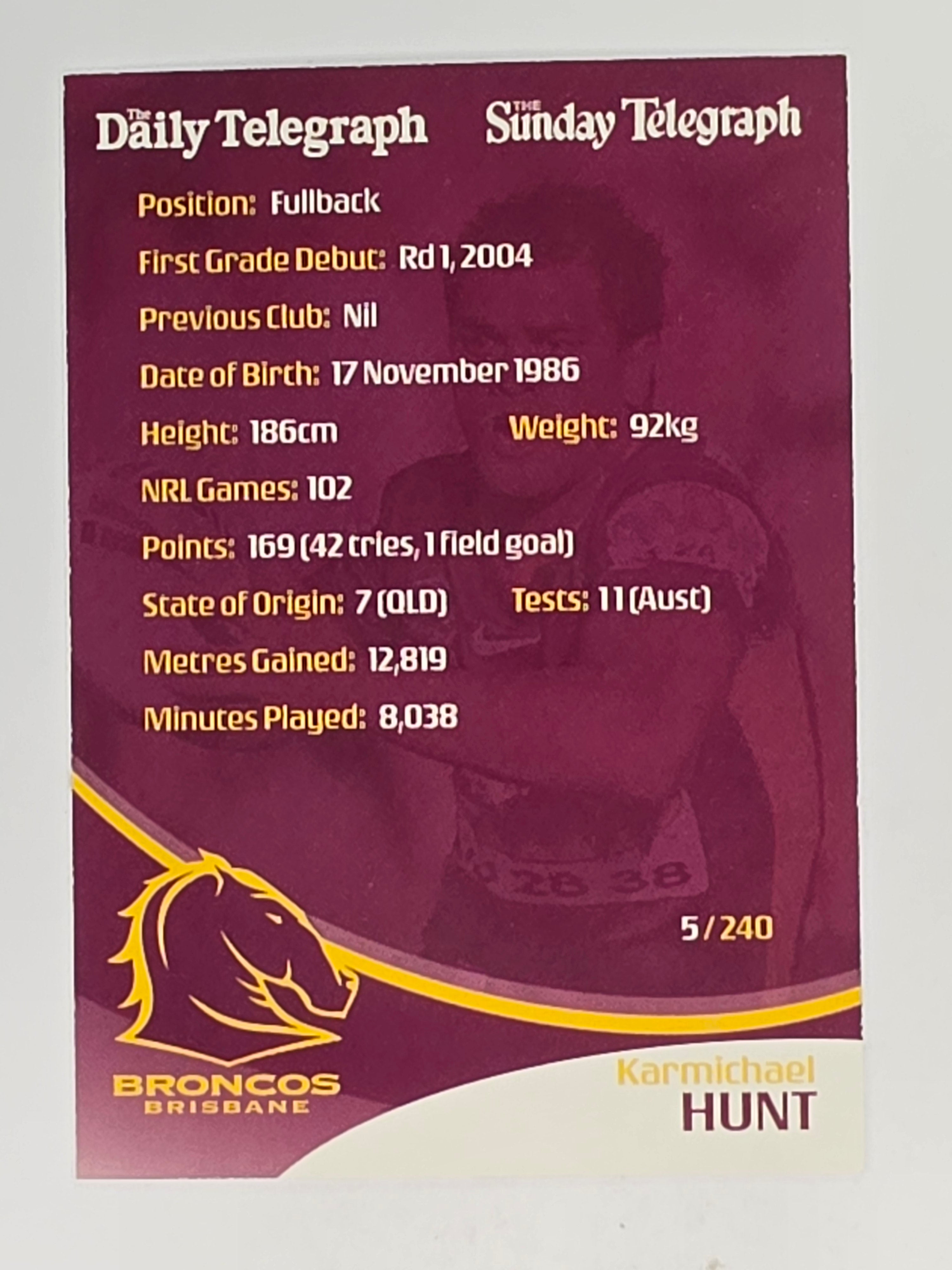 NRL 2009 Daily Telegraph | #005 | Karmichael Hunt | Brisbane Broncos