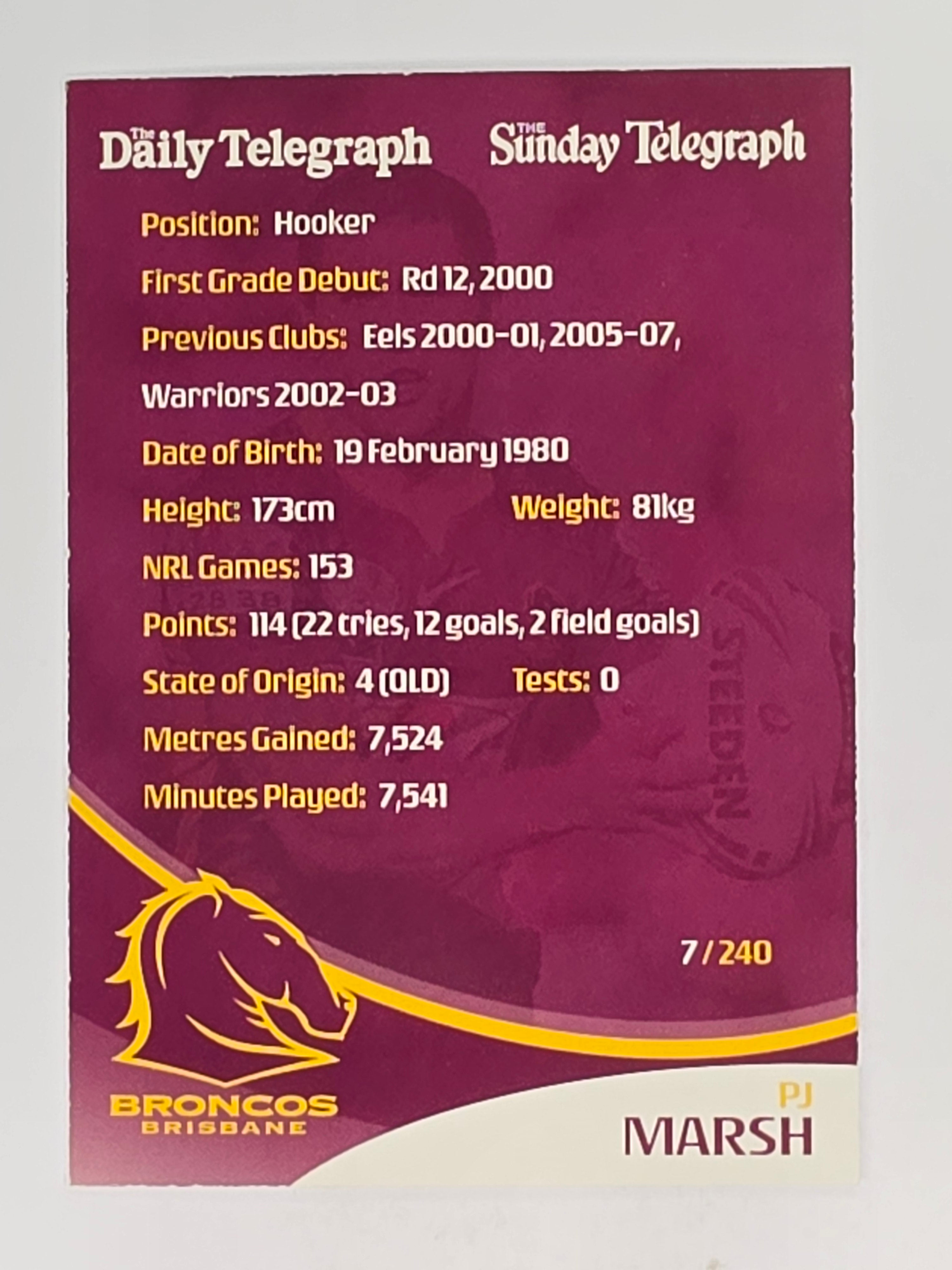 NRL 2009 Daily Telegraph | #007 | PJ Marsh | Brisbane Broncos