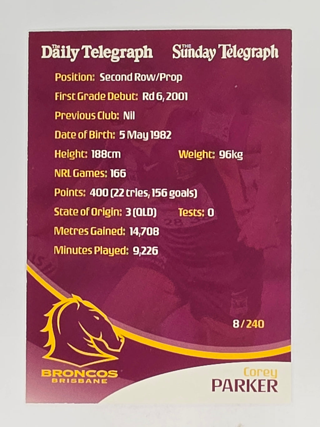 NRL 2009 Daily Telegraph | #008 | Corey Parker | Brisbane Broncos