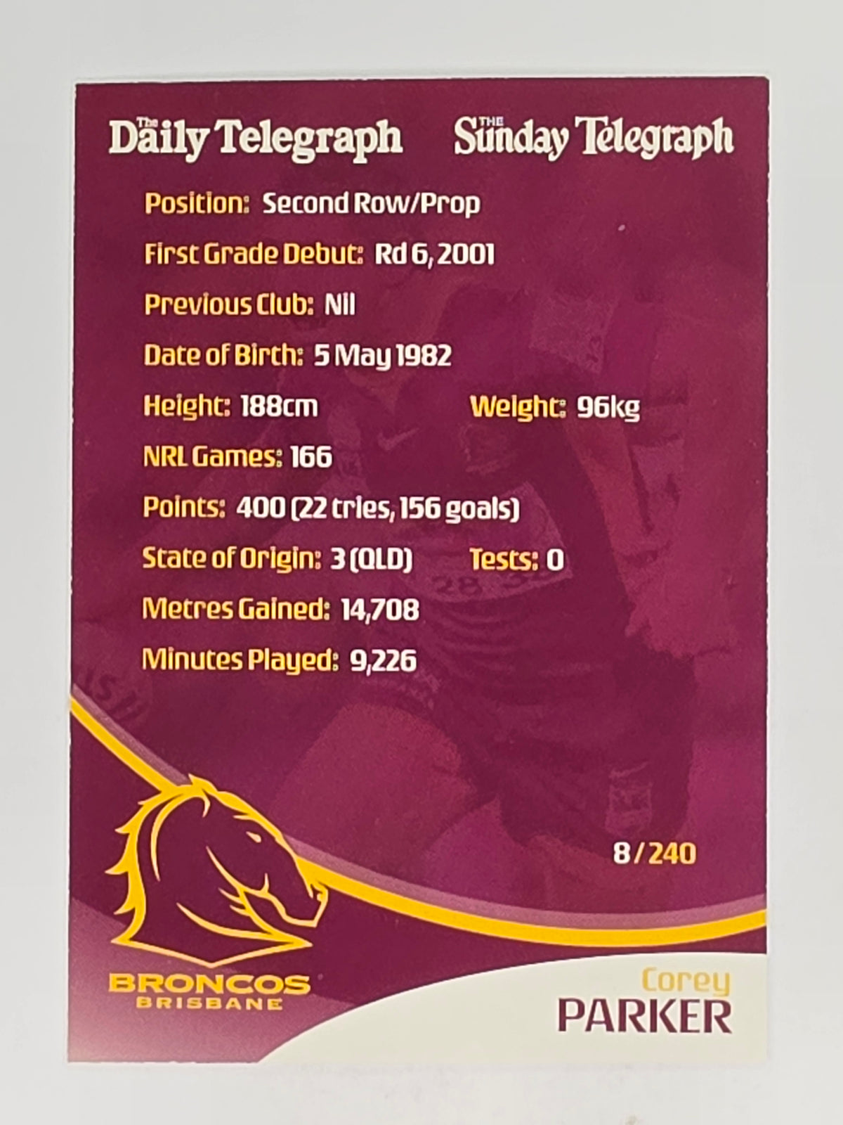 NRL 2009 Daily Telegraph | #008 | Corey Parker | Brisbane Broncos