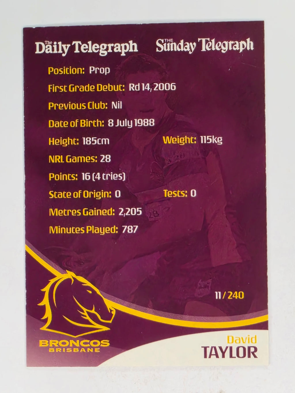 NRL 2009 Daily Telegraph | #011 | David Taylor | Brisbane Broncos
