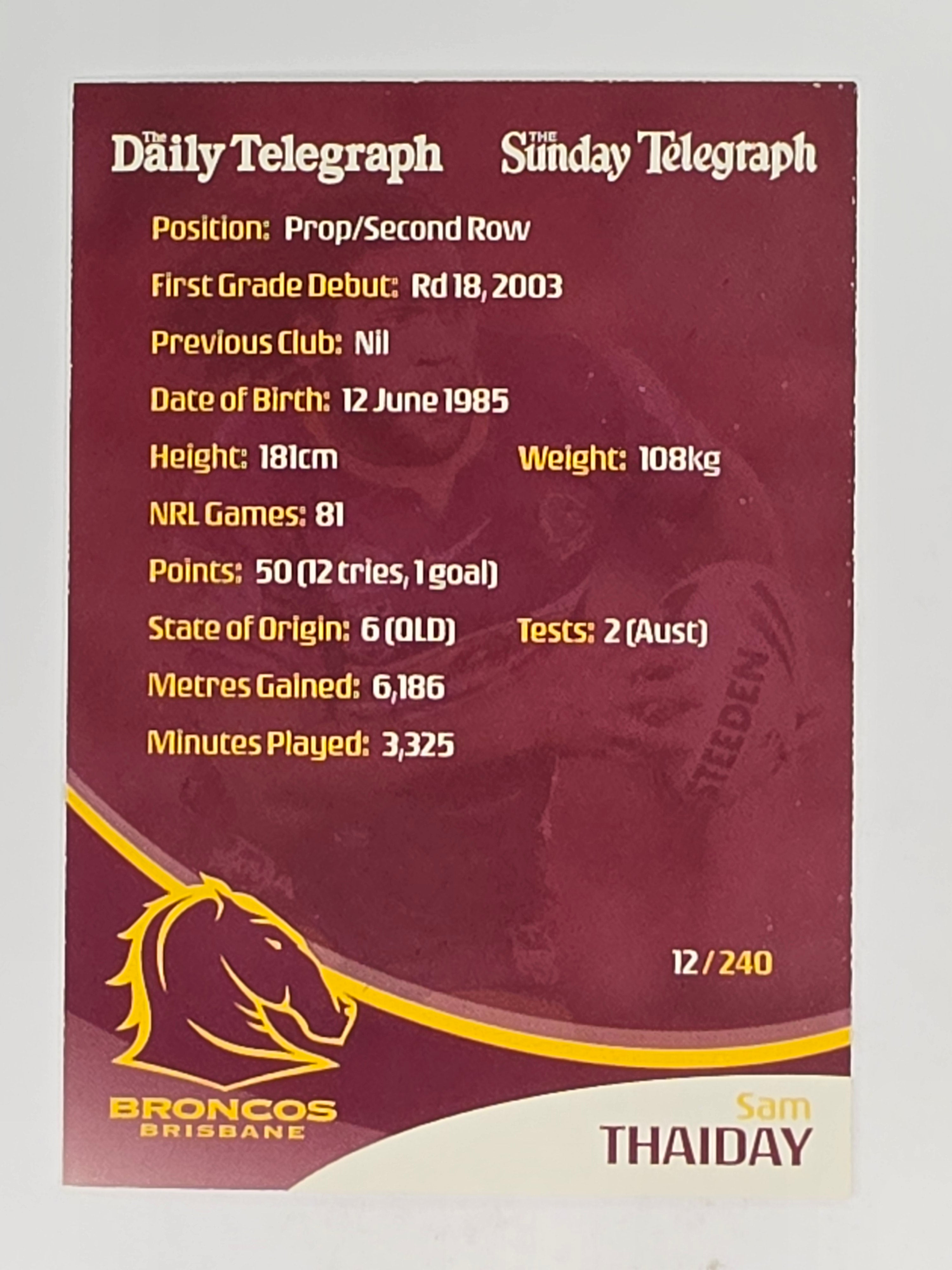 NRL 2009 Daily Telegraph | #012 | Sam Thaiday | Brisbane Broncos