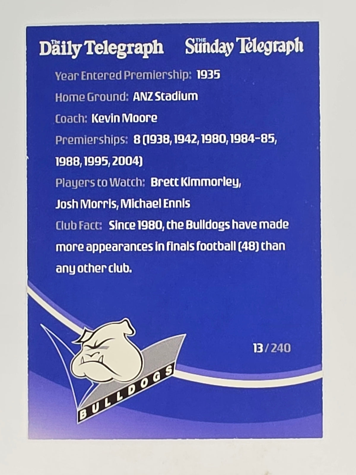 NRL 2009 Daily Telegraph | #013 | Logo | Canterbury Bankstown Bulldogs