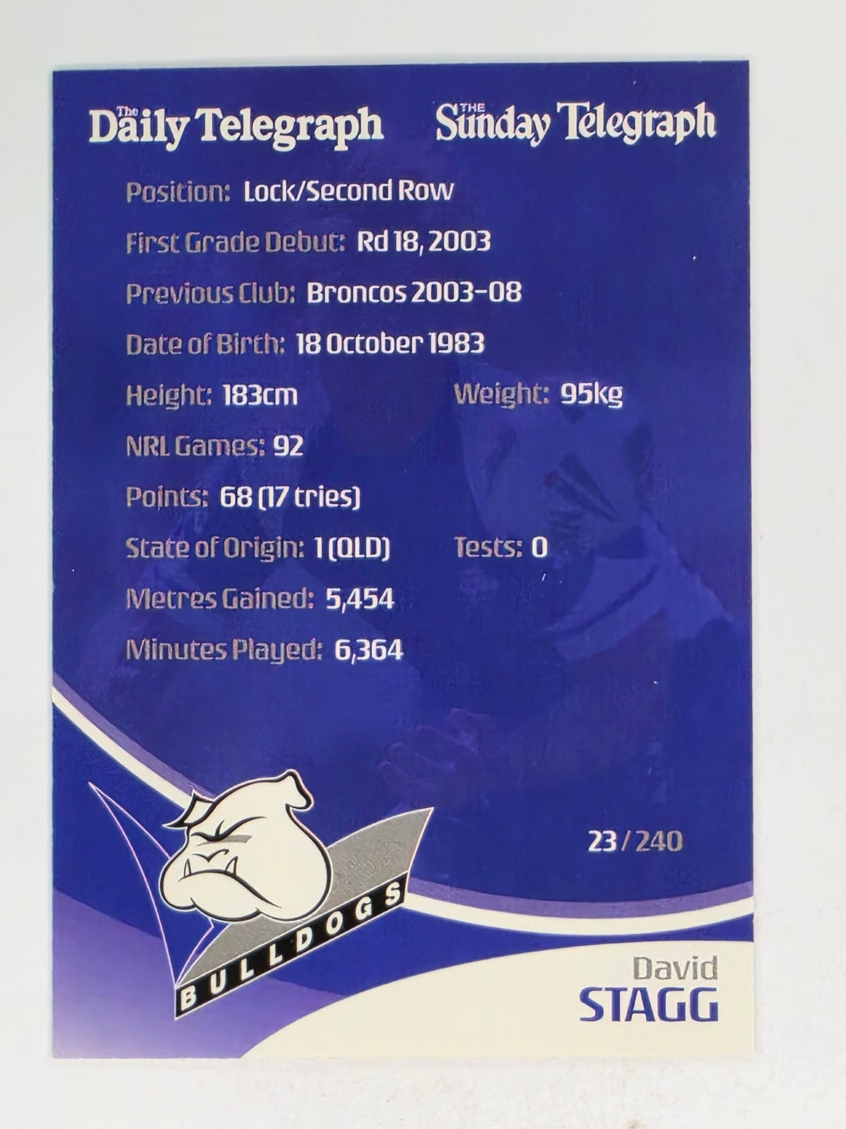 NRL 2009 Daily Telegraph | #023 | David Stagg | Canterbury Bankstown Bulldogs