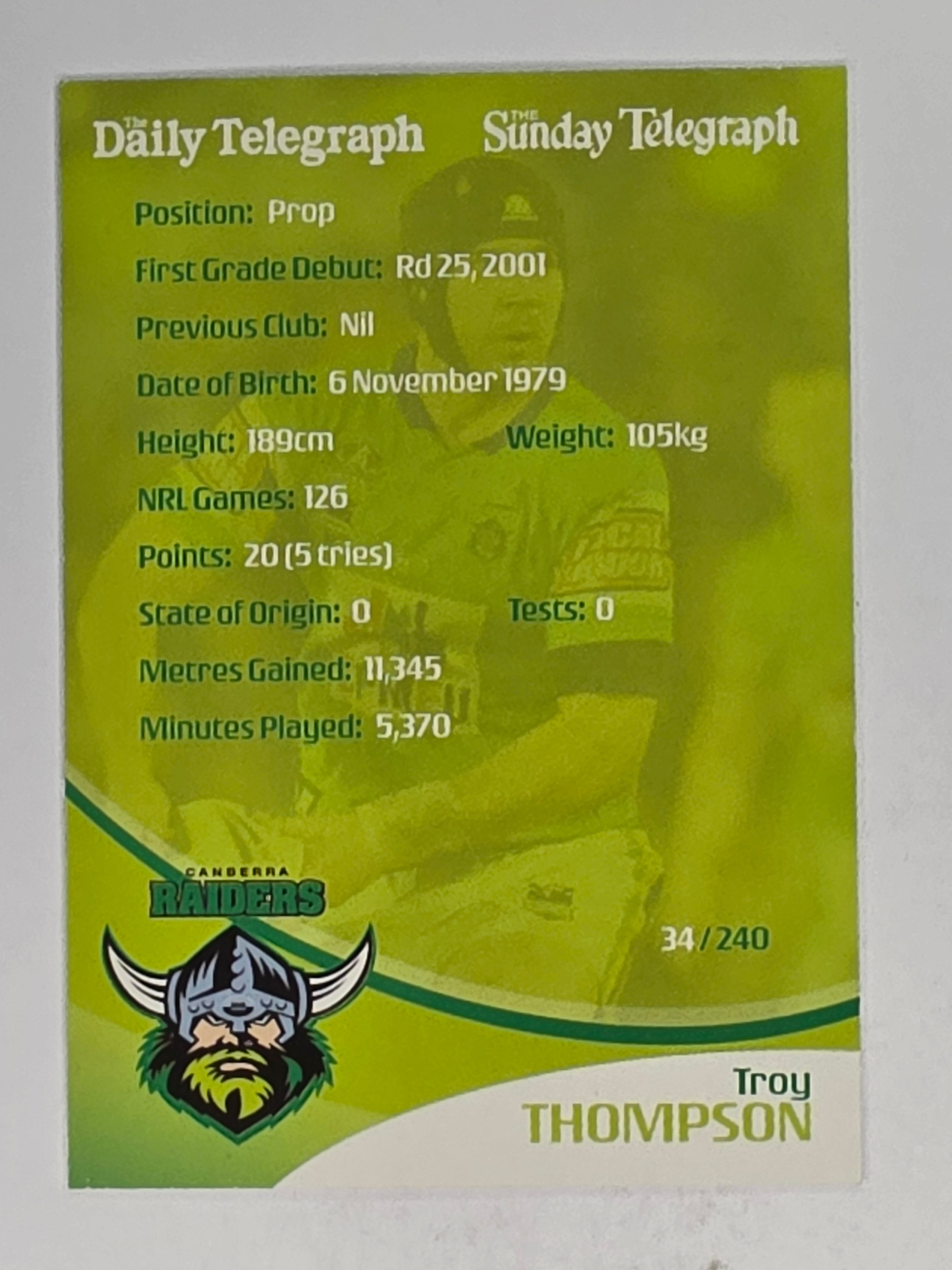 NRL 2009 Daily Telegraph | #034 | Troy Thompson | Canberra Raiders