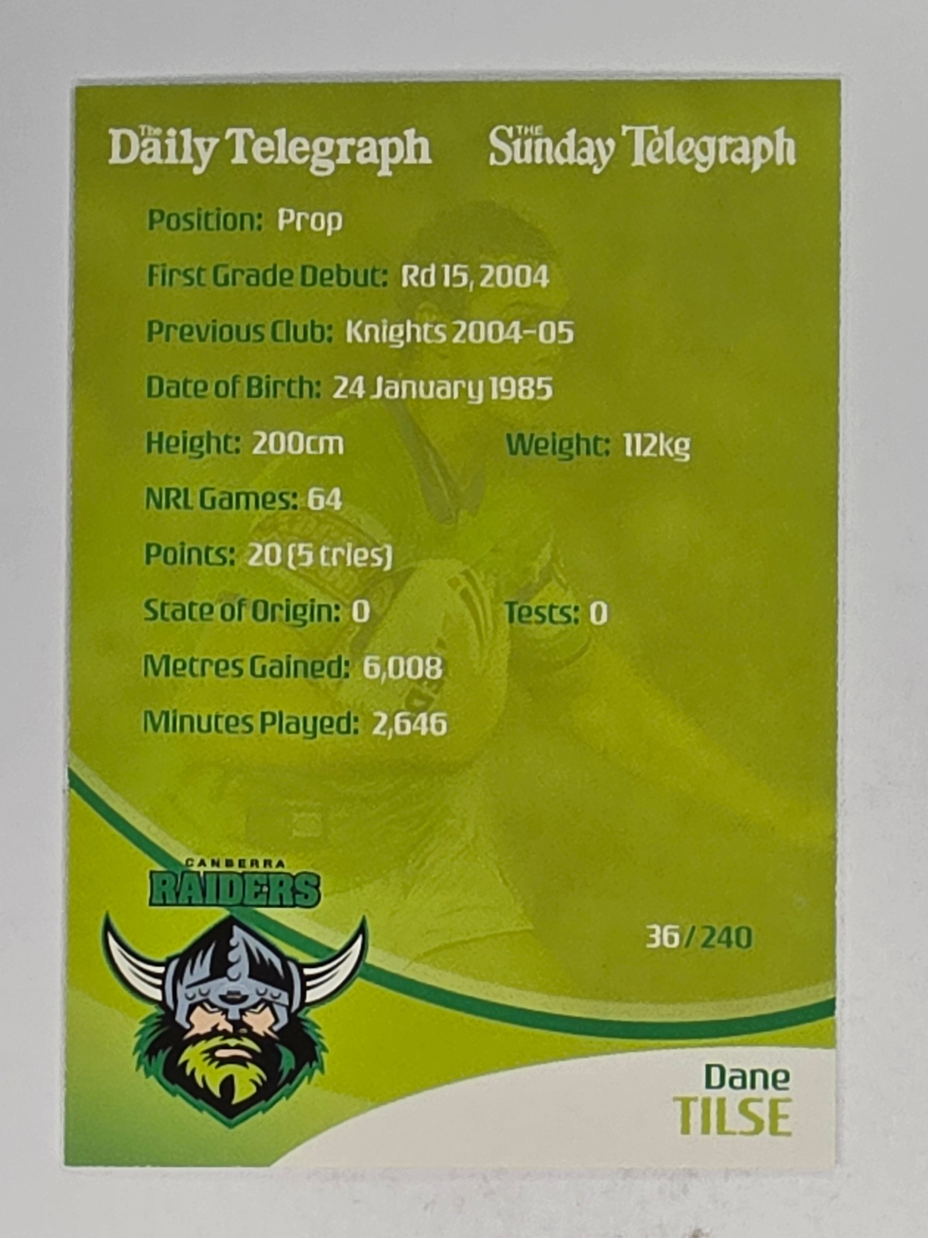 NRL 2009 Daily Telegraph | #036 | Dane Tilse | Canberra Raiders