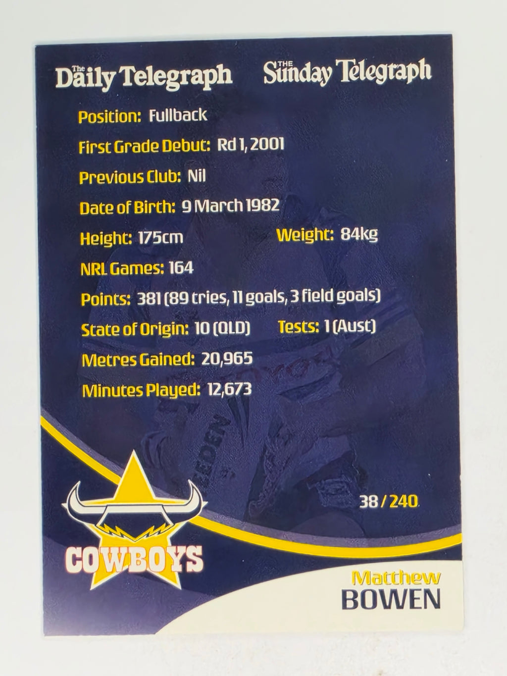 NRL 2009 Daily Telegraph | #038 | Matthew Bowen | North Queensland Cowboys