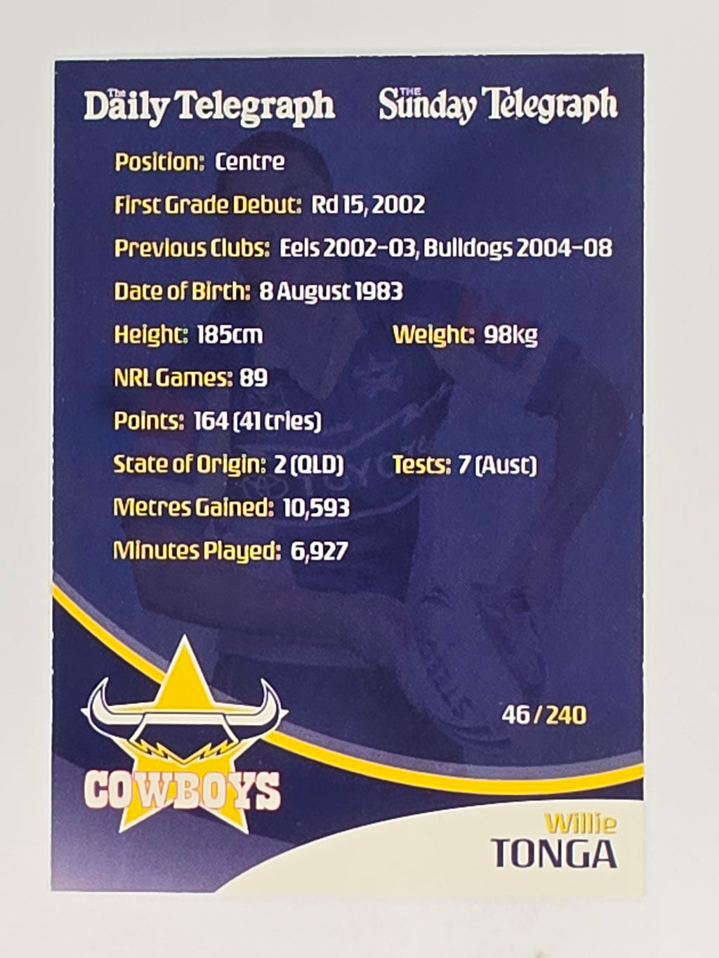 NRL 2009 Daily Telegraph | #046 | Willie Tonga | North Queensland Cowboys