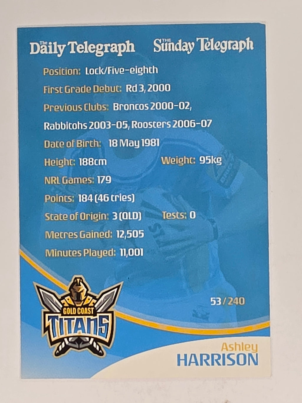 NRL 2009 Daily Telegraph | #053 | Ashley Harrison | Gold Coast Titans
