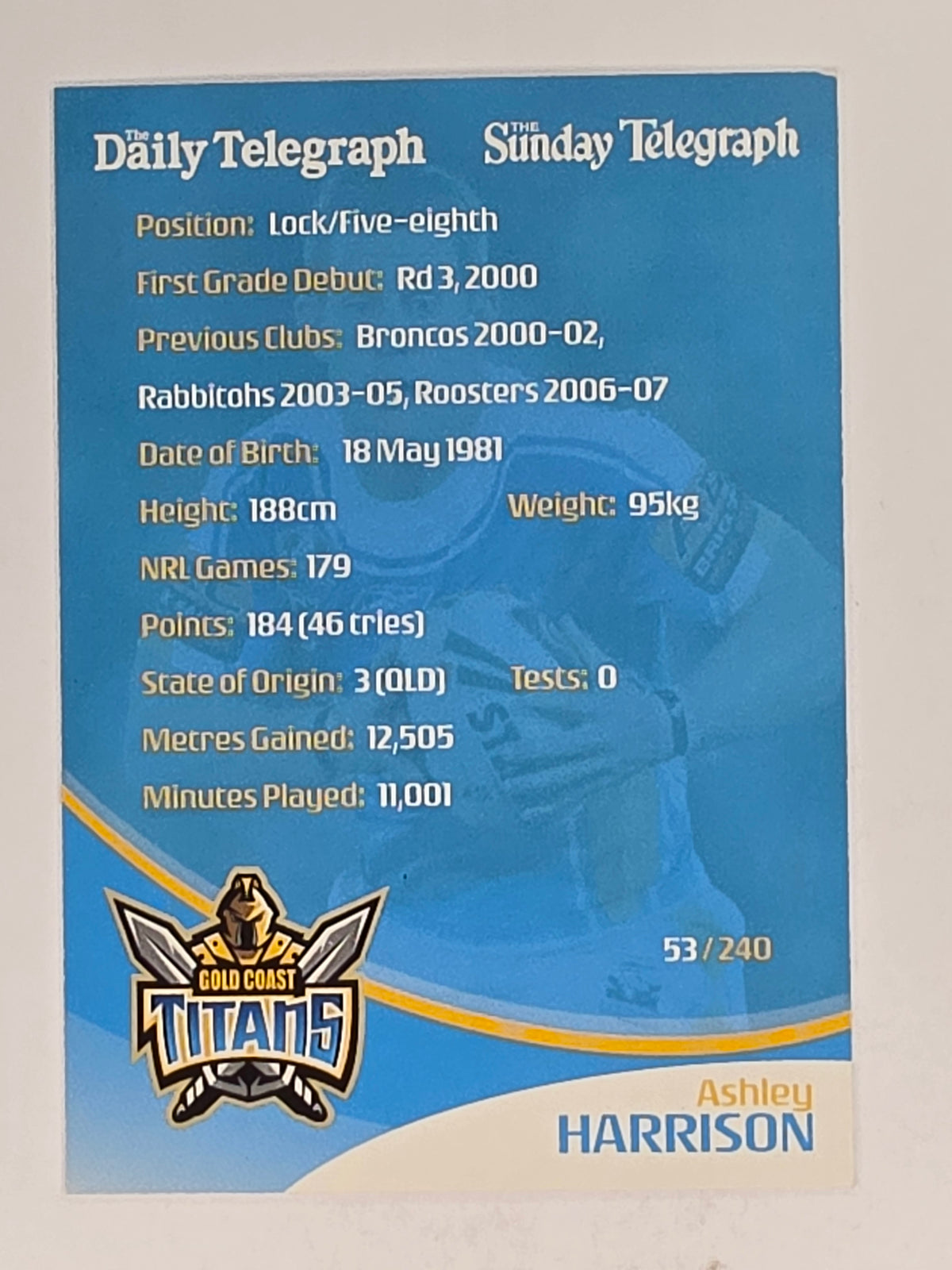 NRL 2009 Daily Telegraph | #053 | Ashley Harrison | Gold Coast Titans