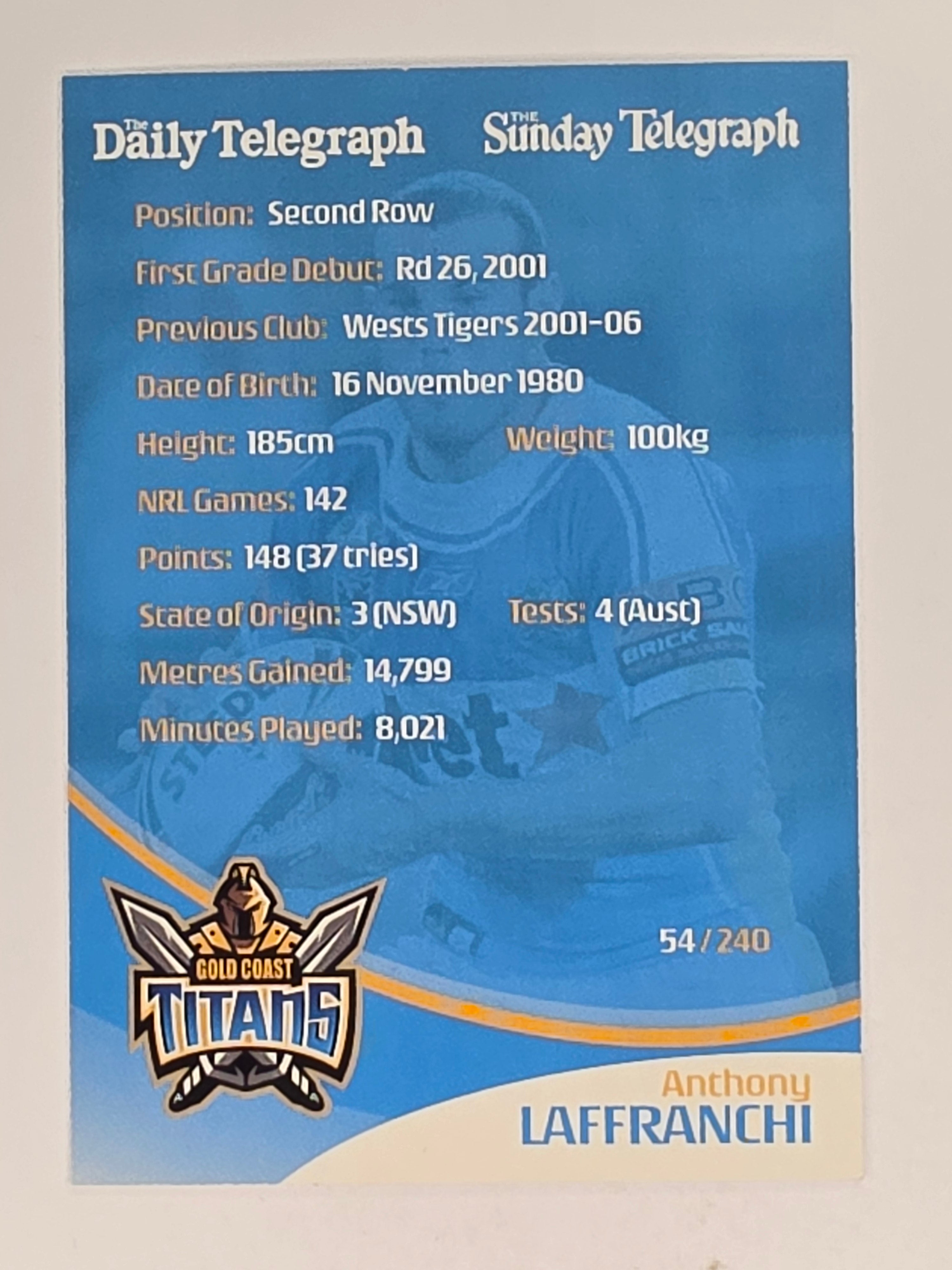 NRL 2009 Daily Telegraph | #054 | Anthony Laffranchi | Gold Coast Titans