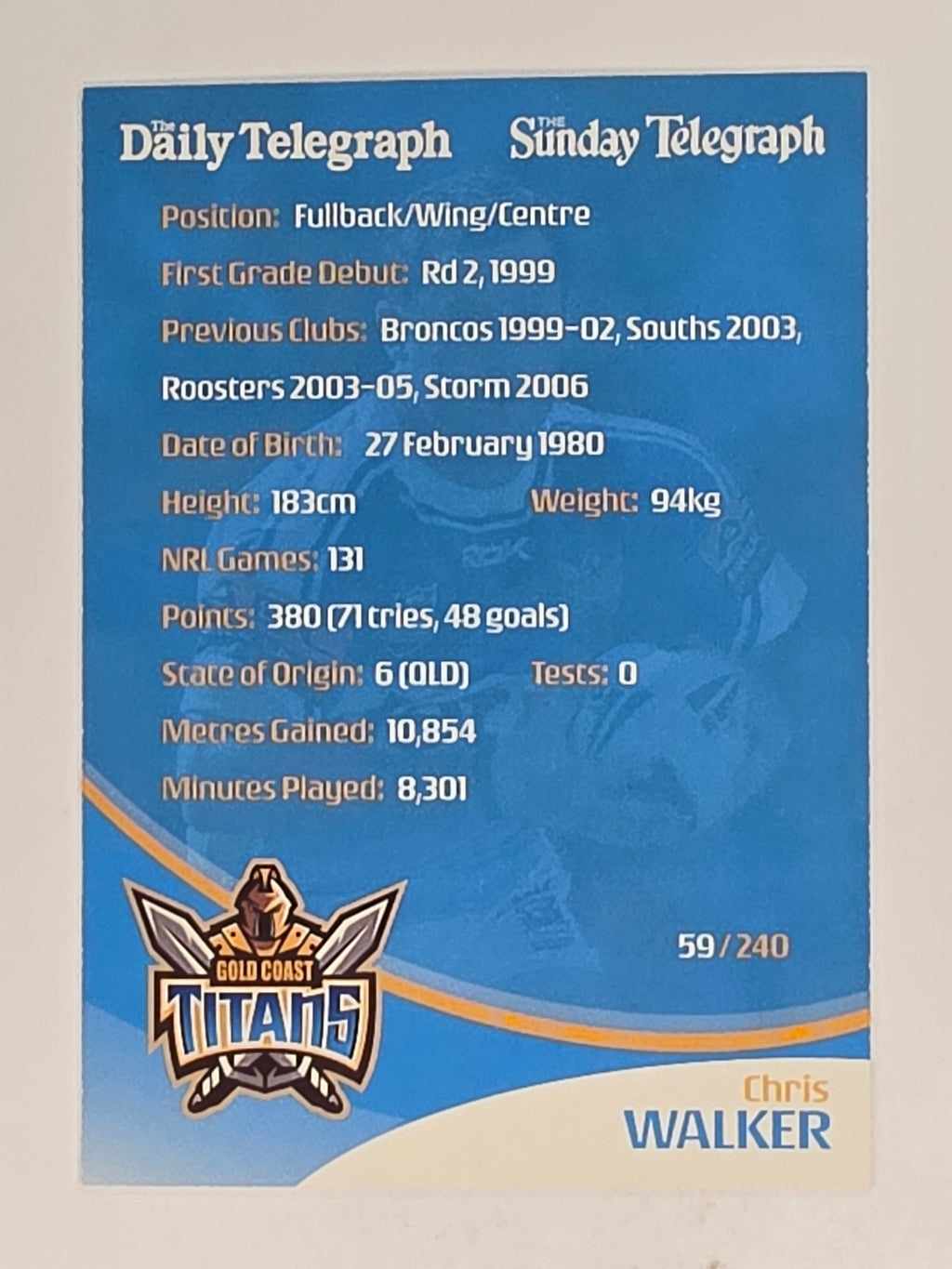 NRL 2009 Daily Telegraph | #059 | Chris Walker | Gold Coast Titans