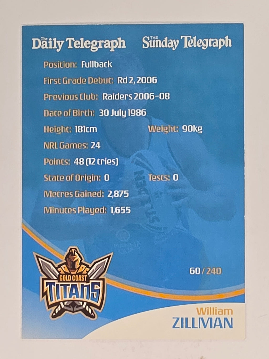 NRL 2009 Daily Telegraph | #060 | William Zillman | Gold Coast Titans
