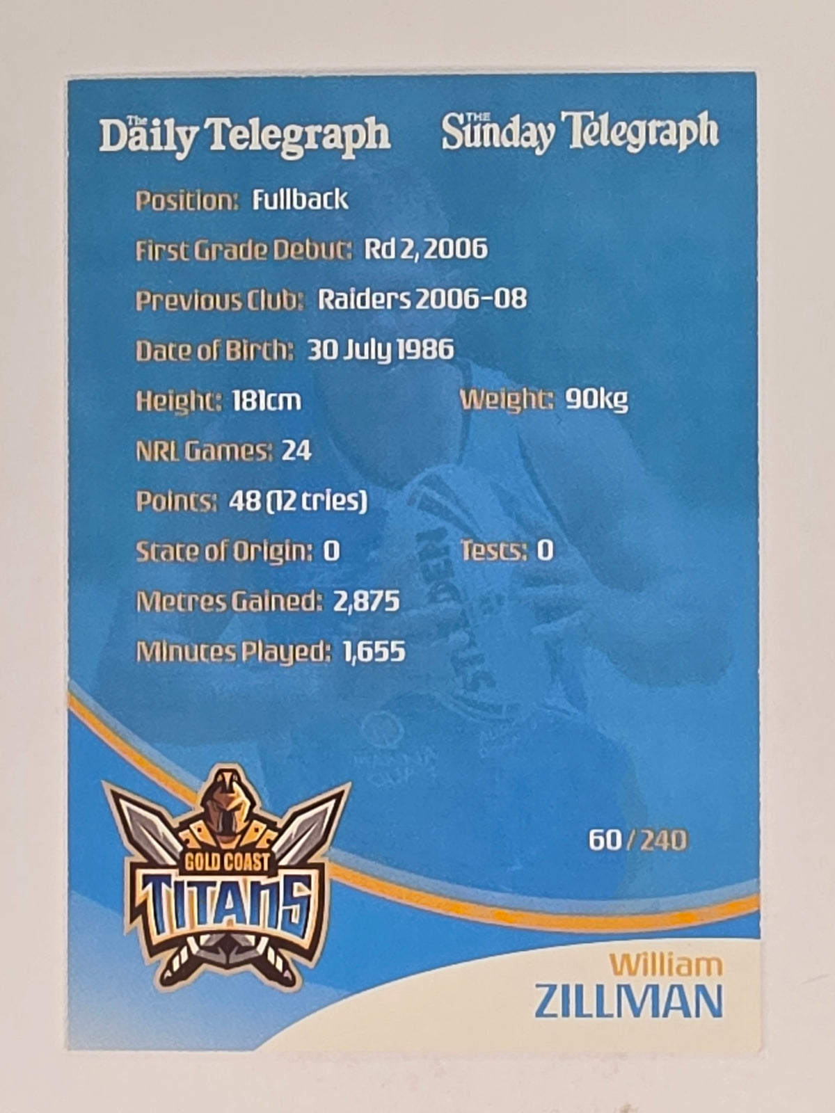 NRL 2009 Daily Telegraph | #060 | William Zillman | Gold Coast Titans
