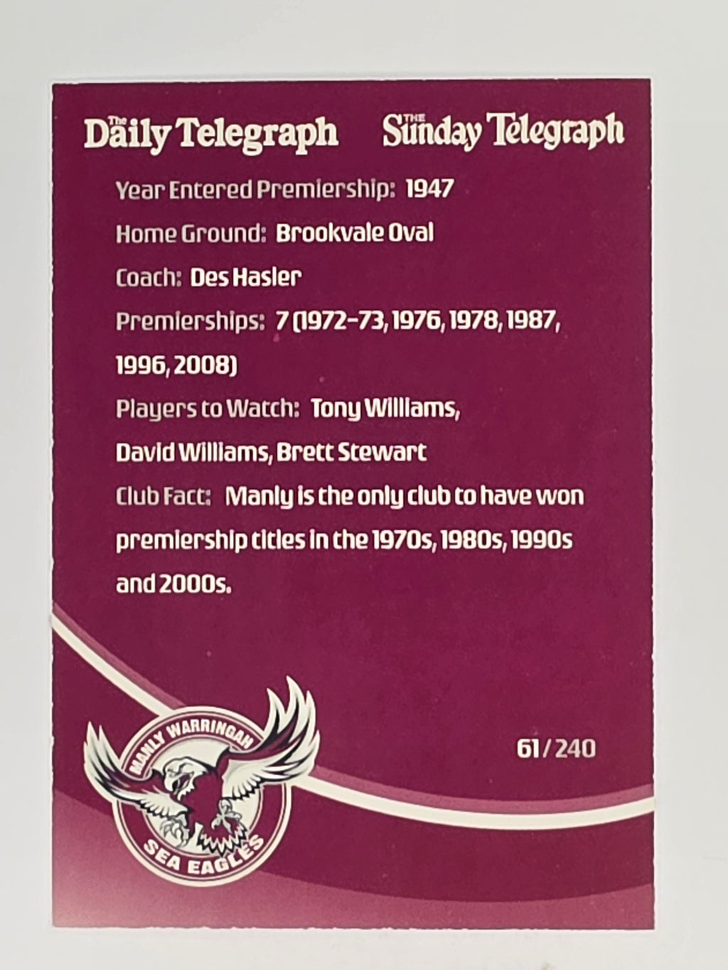 NRL 2009 Daily Telegraph | #061 | Logo | Manly Warringah Sea Eagles