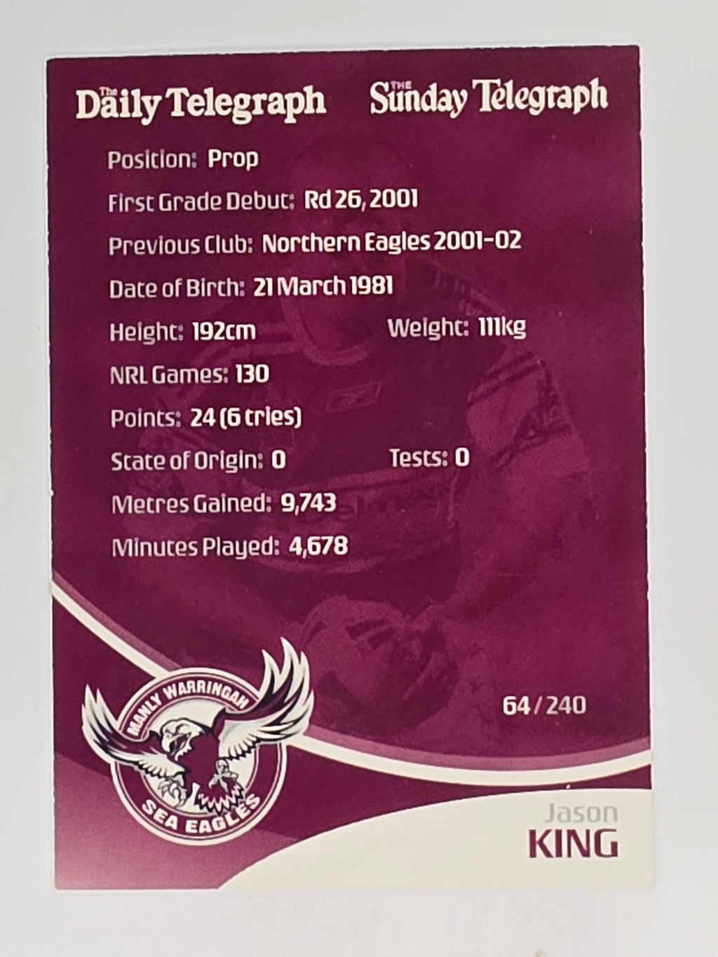 NRL 2009 Daily Telegraph | #064 | Jason King | Manly Warringah Sea Eagles