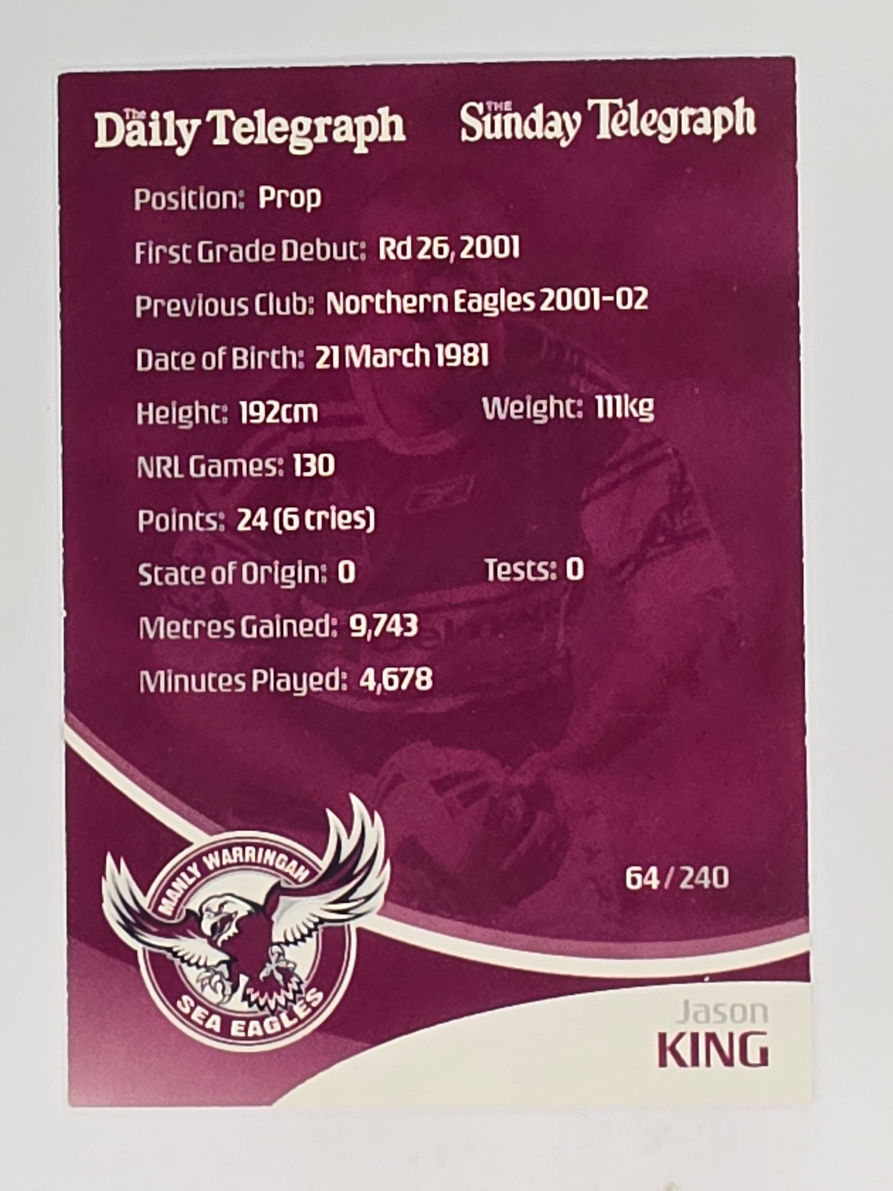 NRL 2009 Daily Telegraph | #064 | Jason King | Manly Warringah Sea Eagles