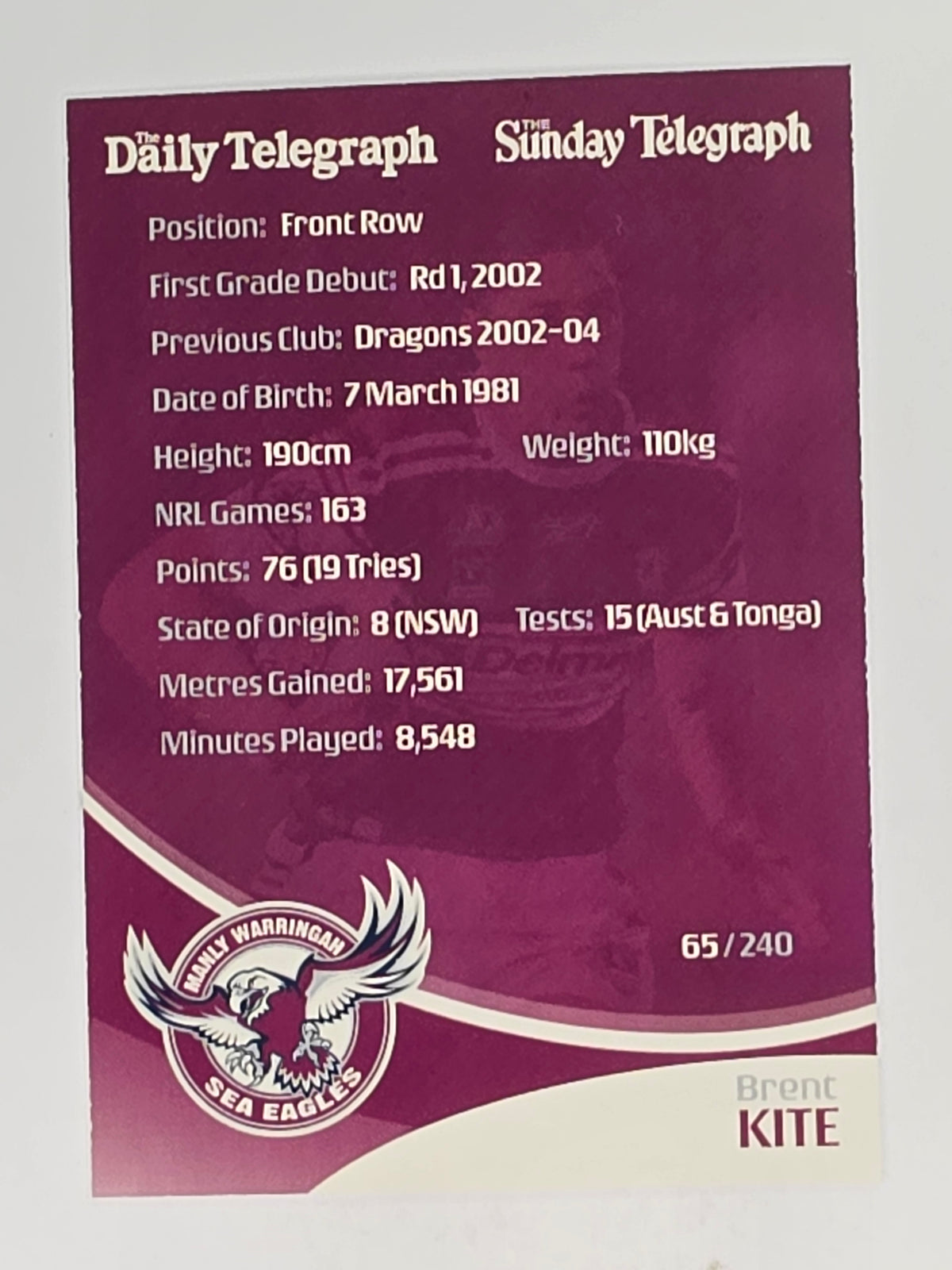 NRL 2009 Daily Telegraph | #065 | Brent Kite | Manly Warringah Sea Eagles