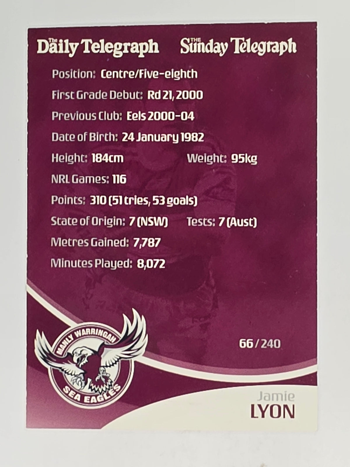 NRL 2009 Daily Telegraph | #066 | Jamie Lyon | Manly Warringah Sea Eagles