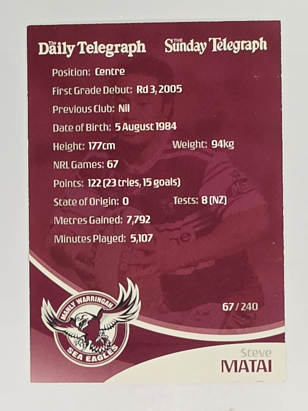 NRL 2009 Daily Telegraph | #067 | Steve Matai | Manly Warringah Sea Eagles