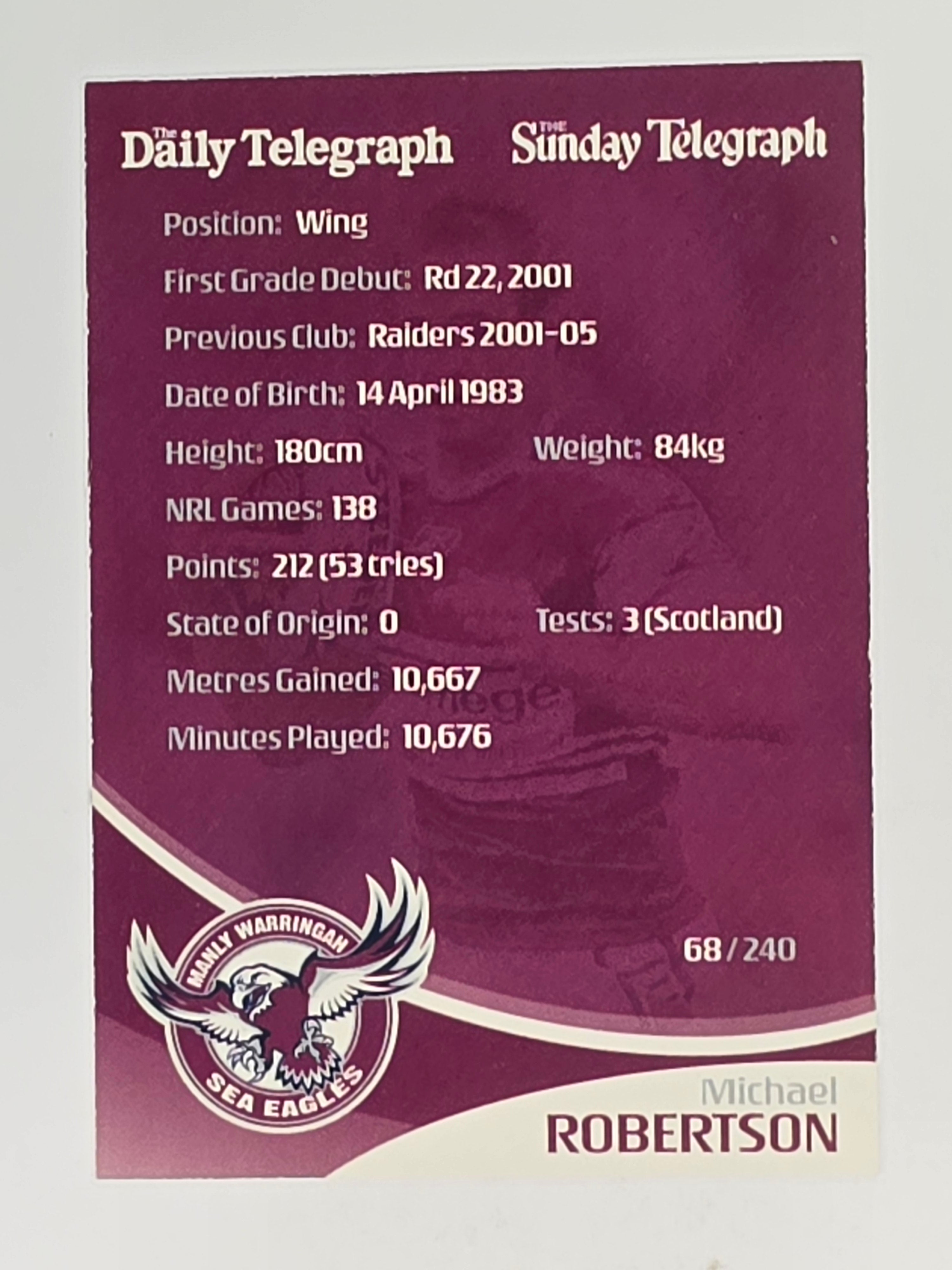 NRL 2009 Daily Telegraph | #068 | Michael Robertson | Manly Warringah Sea Eagles