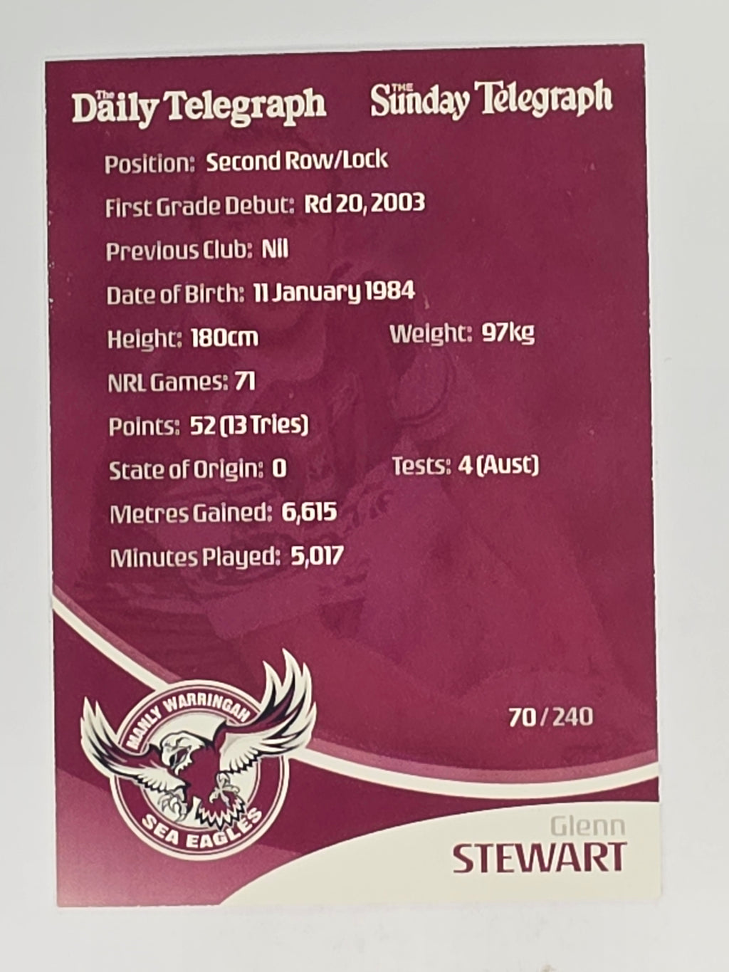 NRL 2009 Daily Telegraph | #070 | Glenn Stewart | Manly Warringah Sea Eagles