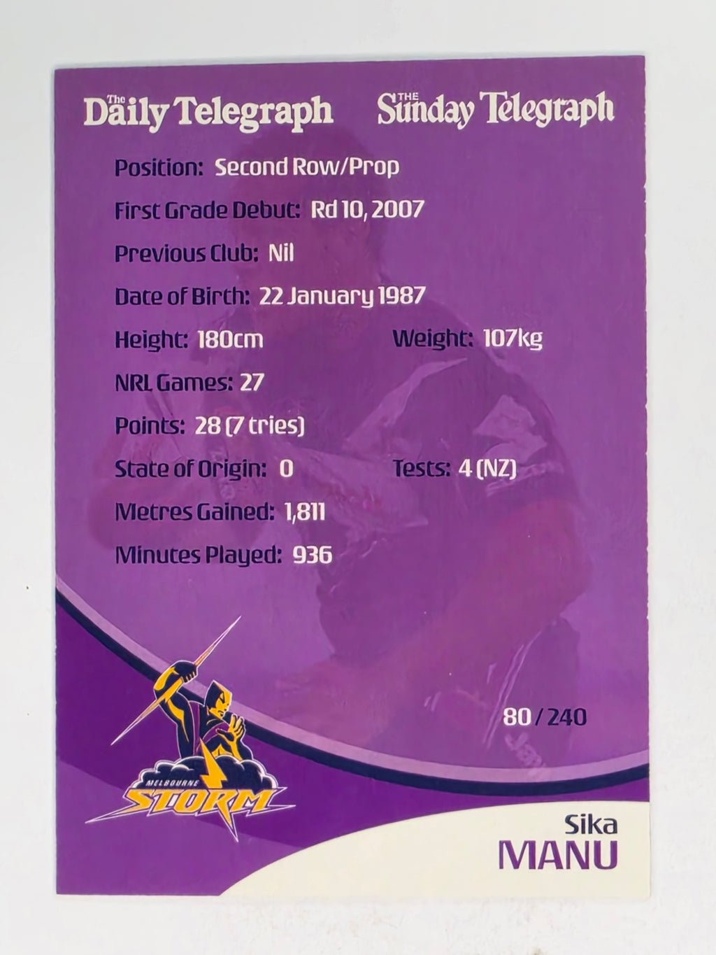 NRL 2009 Daily Telegraph | #080 | Sika Manu | Melbourne Storm