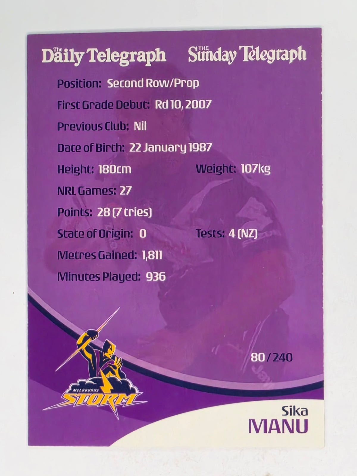 NRL 2009 Daily Telegraph | #080 | Sika Manu | Melbourne Storm