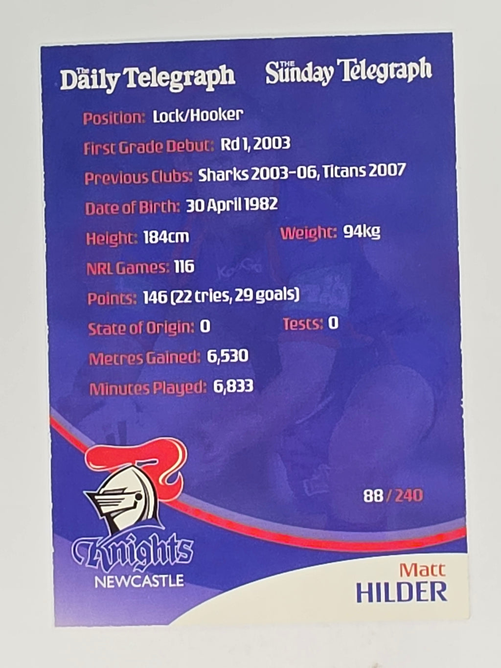 NRL 2009 Daily Telegraph | #088 | Matt Hilder | Newcastle Knights