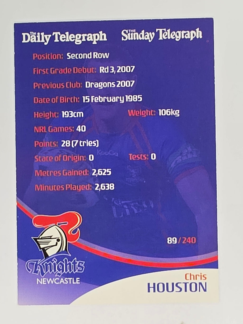 NRL 2009 Daily Telegraph | #089 | Chris Houston | Newcastle Knights