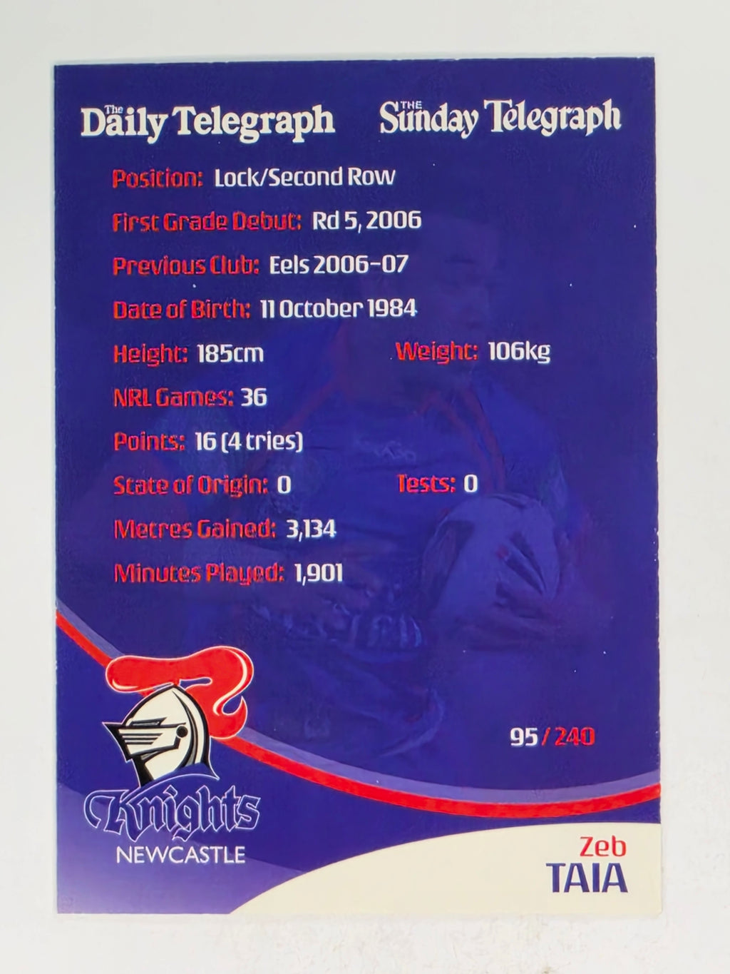 NRL 2009 Daily Telegraph | #095 | Zeb Taia | Newcastle Knights