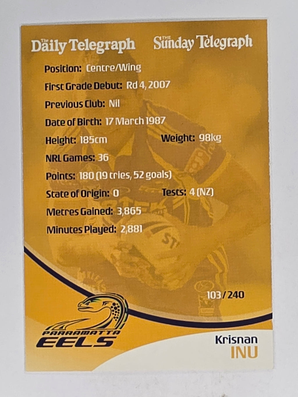 NRL 2009 Daily Telegraph | #103 | Krisnan Inu | Parramatta Eels