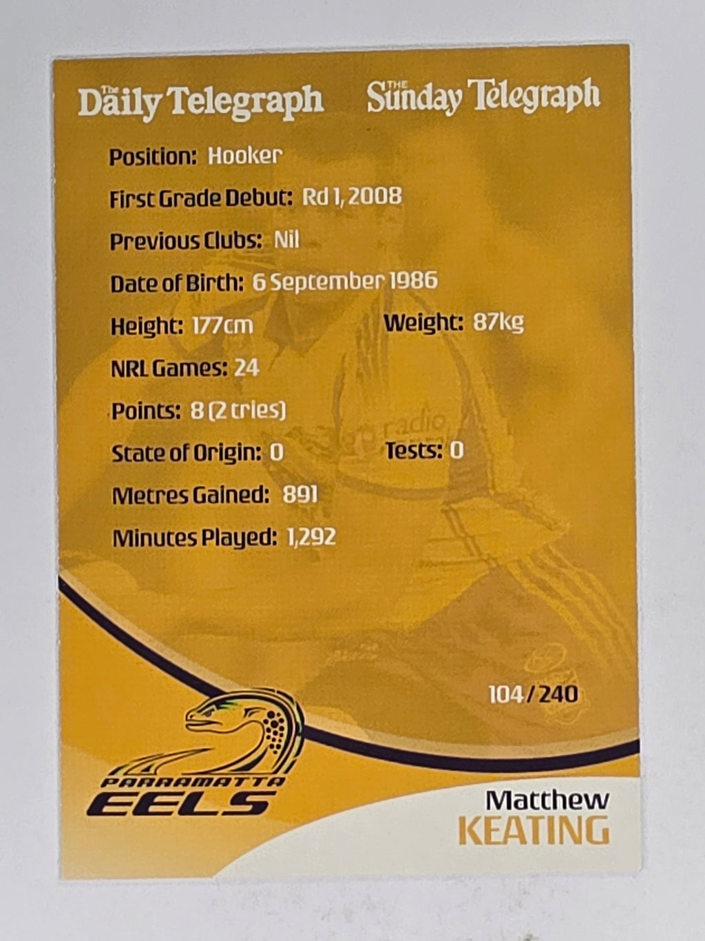 NRL 2009 Daily Telegraph | #104 | Matthew Keating | Parramatta Eels