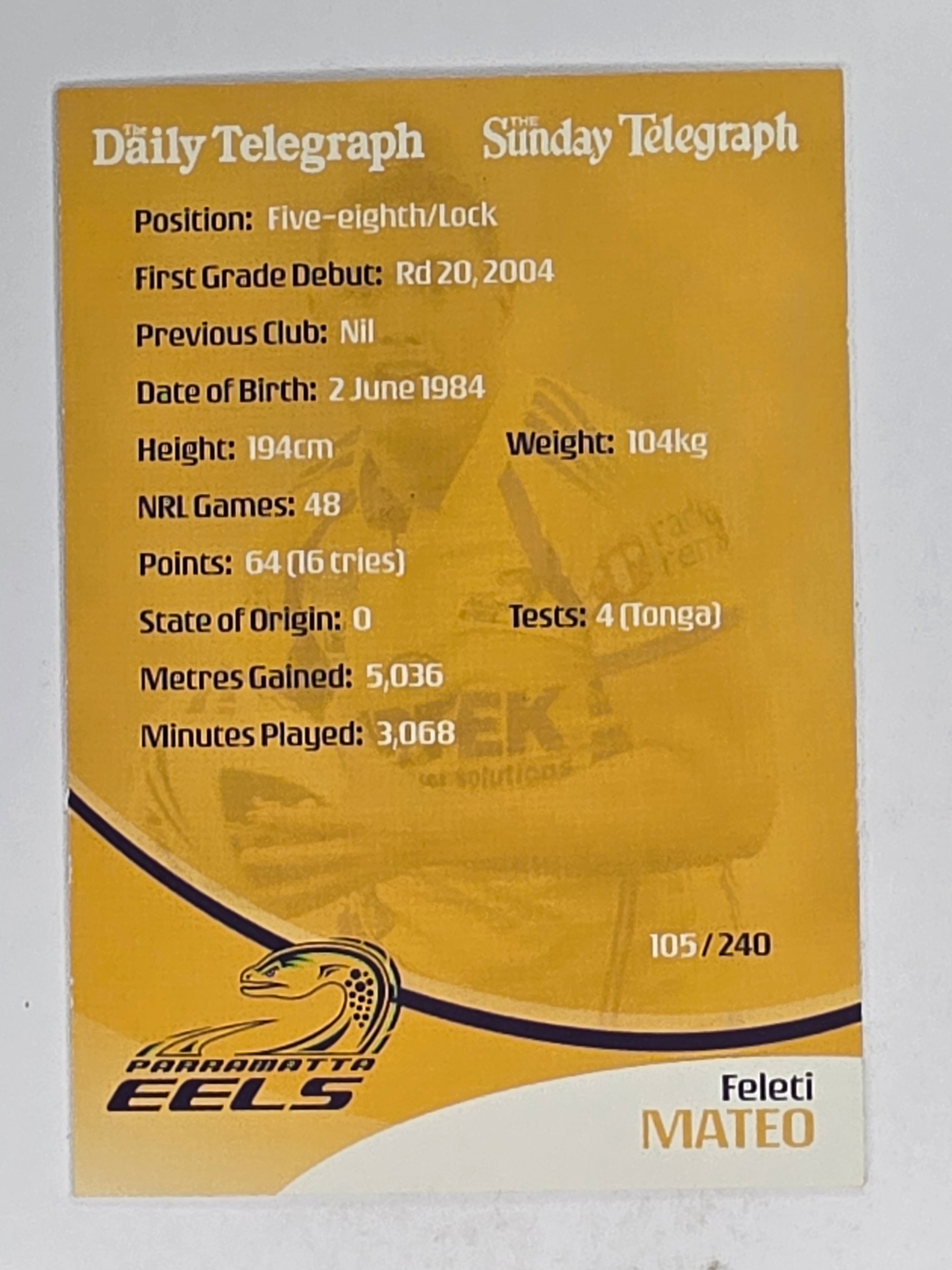 NRL 2009 Daily Telegraph | #105 | Feleti Mateo | Parramatta Eels