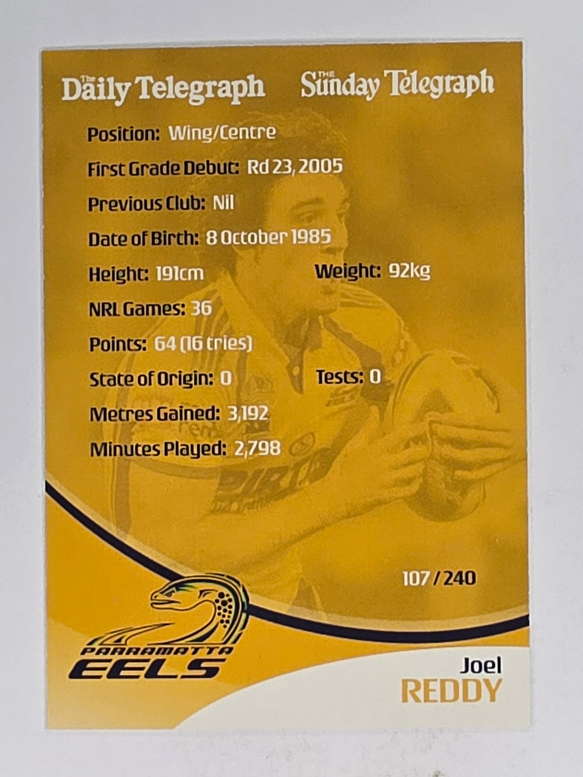 NRL 2009 Daily Telegraph | #107 | Joel Reddy | Parramatta Eels