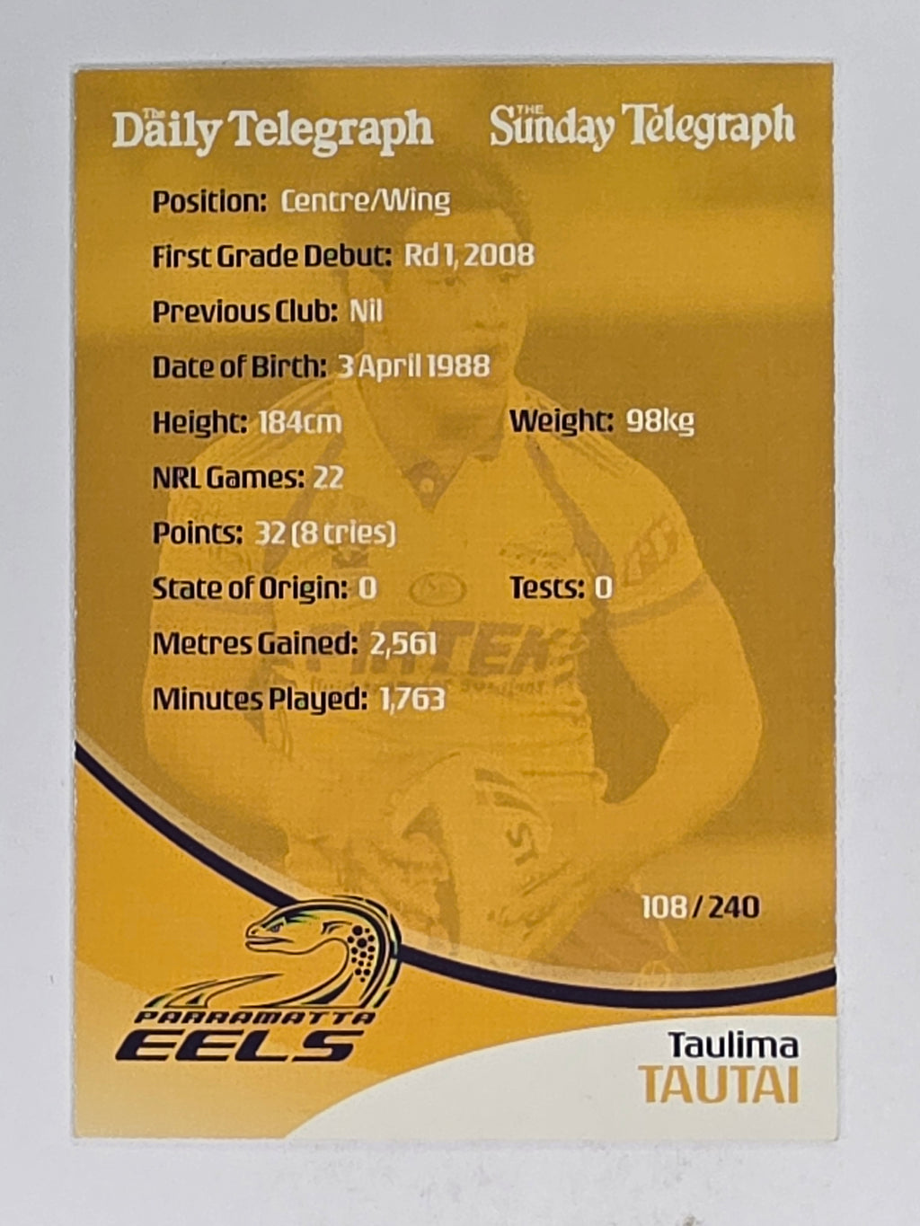 NRL 2009 Daily Telegraph | #108 | Taulima Tautai | Parramatta Eels