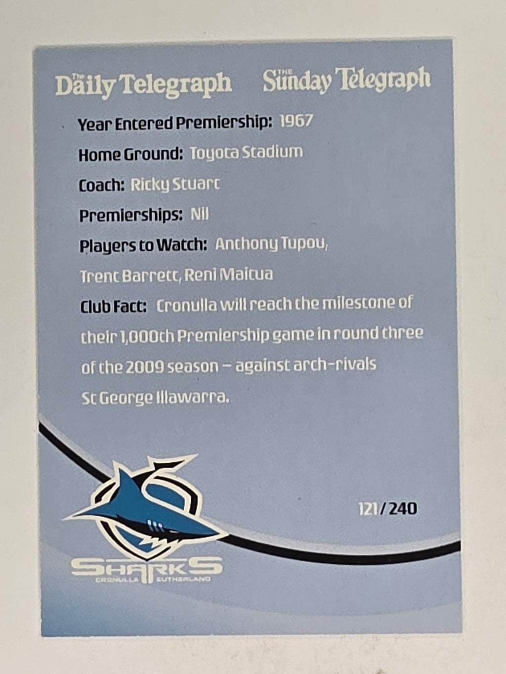 NRL 2009 Daily Telegraph | #121 | Logo | Cronulla Sutherland Sharks