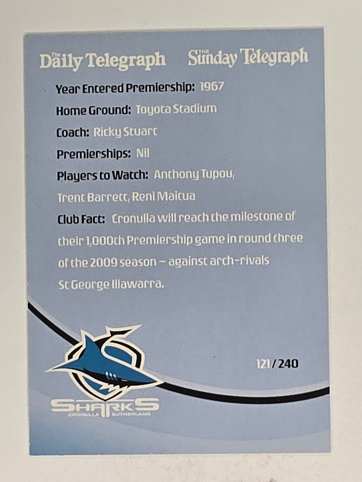 NRL 2009 Daily Telegraph | #121 | Logo | Cronulla Sutherland Sharks