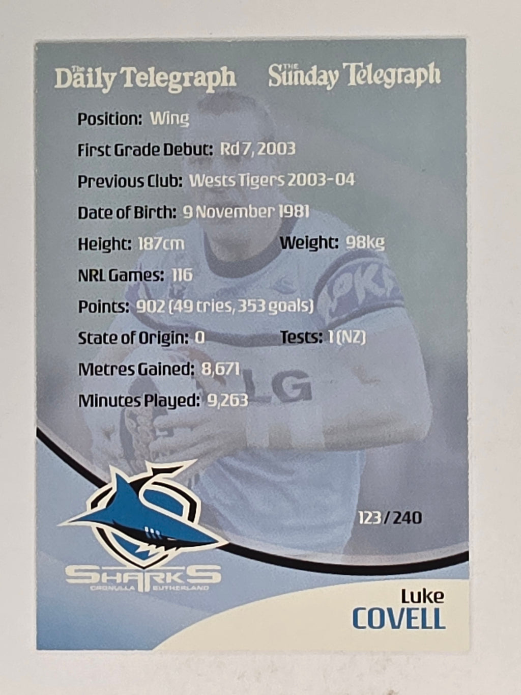 NRL 2009 Daily Telegraph | #123 | Luke Covell | Cronulla Sutherland Sharks